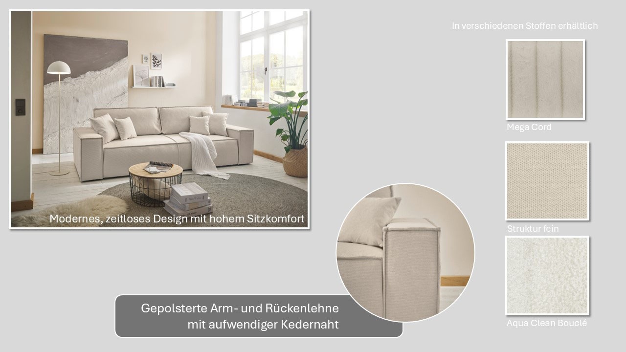 Thumbnail - andas 3-Sitzer "FINNLEY, Schlafsofa 257 cm, Couch mit Schlaffunktion & Bettkasten" verfügbar in den Stoffqualitäten Bouc...