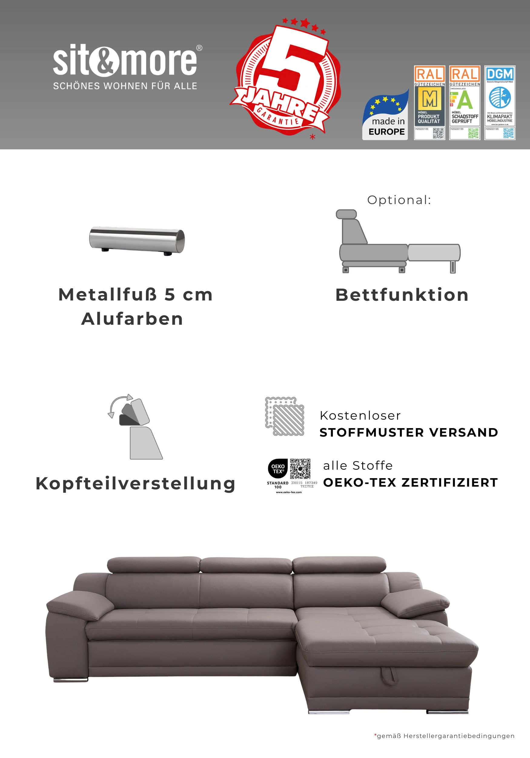 sit&more Ecksofa »Andiamo L-Form« wahlweise mit Schlaffunktion, inklusive Kopfteilverstellung