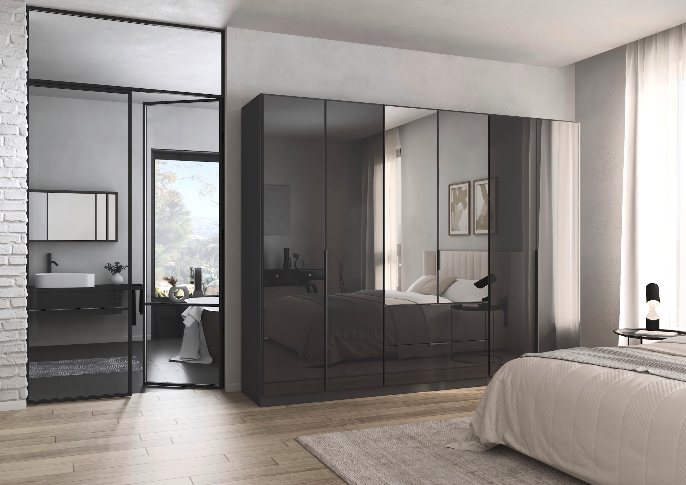 rauch Drehtürenschrank »Kleiderschrank Kleiderschränke Schrank Garderobe AGORDO mit Glasfront«, (in zwei Griff-Farben mit Glasfront), mit Außenschubkästen, in 6 Breiten und 2 Höhen MADE IN GERMANY