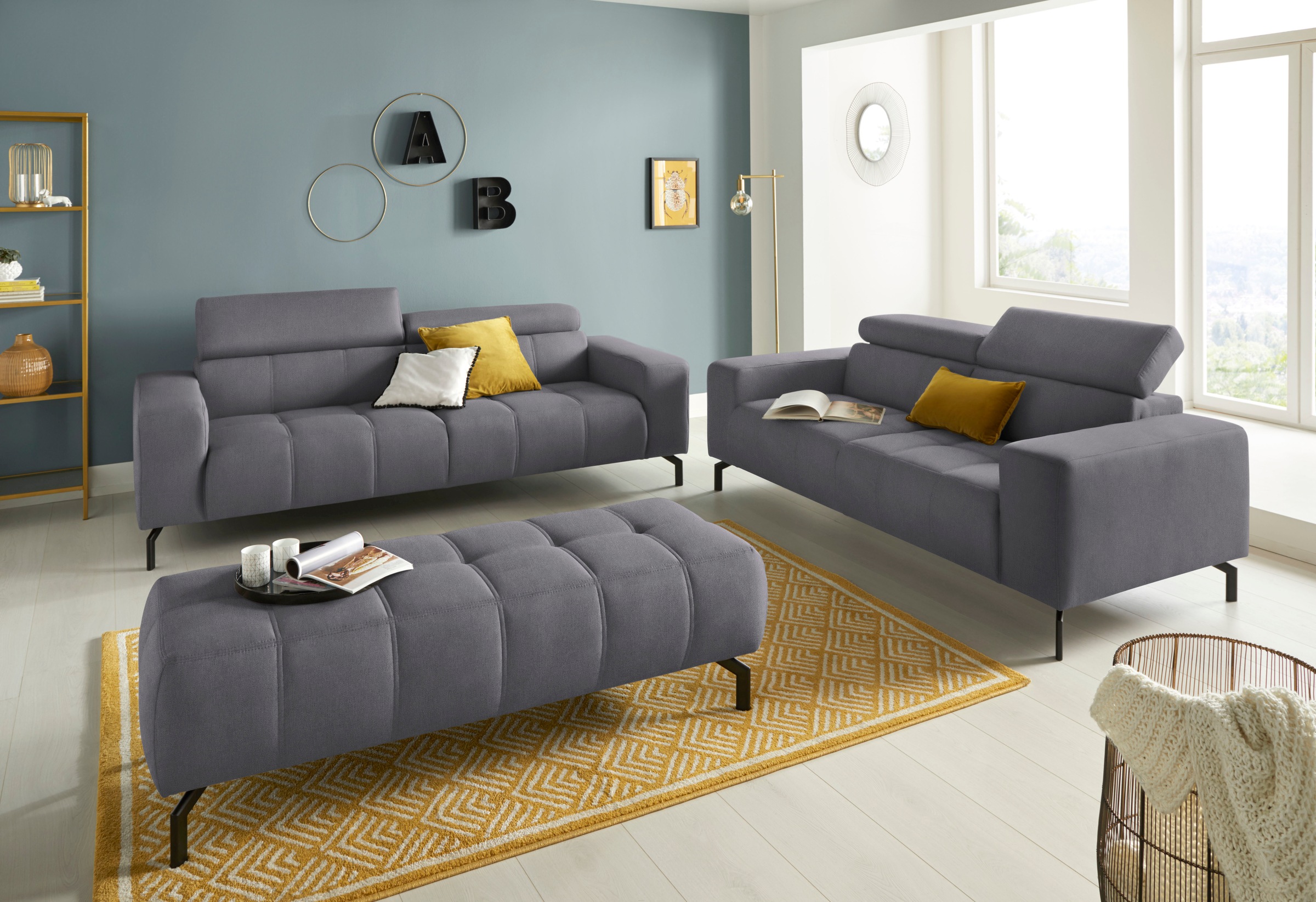 DOMO collection 2-Sitzer »Cunelli zeitlos und elegant, moderne Sitznähte als Designelement,«, wahlweise mit 6-fach verstellbaren Kopfteilen, fester Sitzkomfort