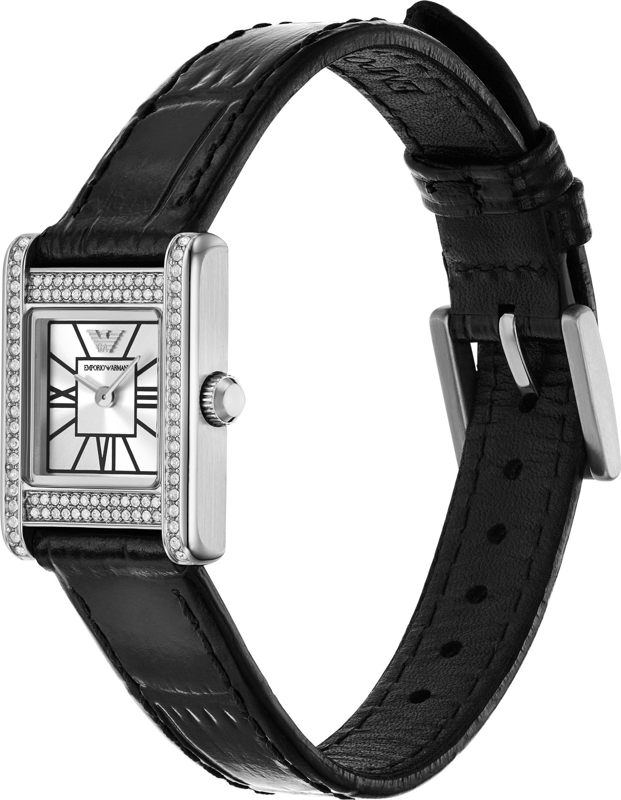 Emporio Armani Quarzuhr, Armbanduhr, Damenuhr, Lederarmband, analog, Glassteine