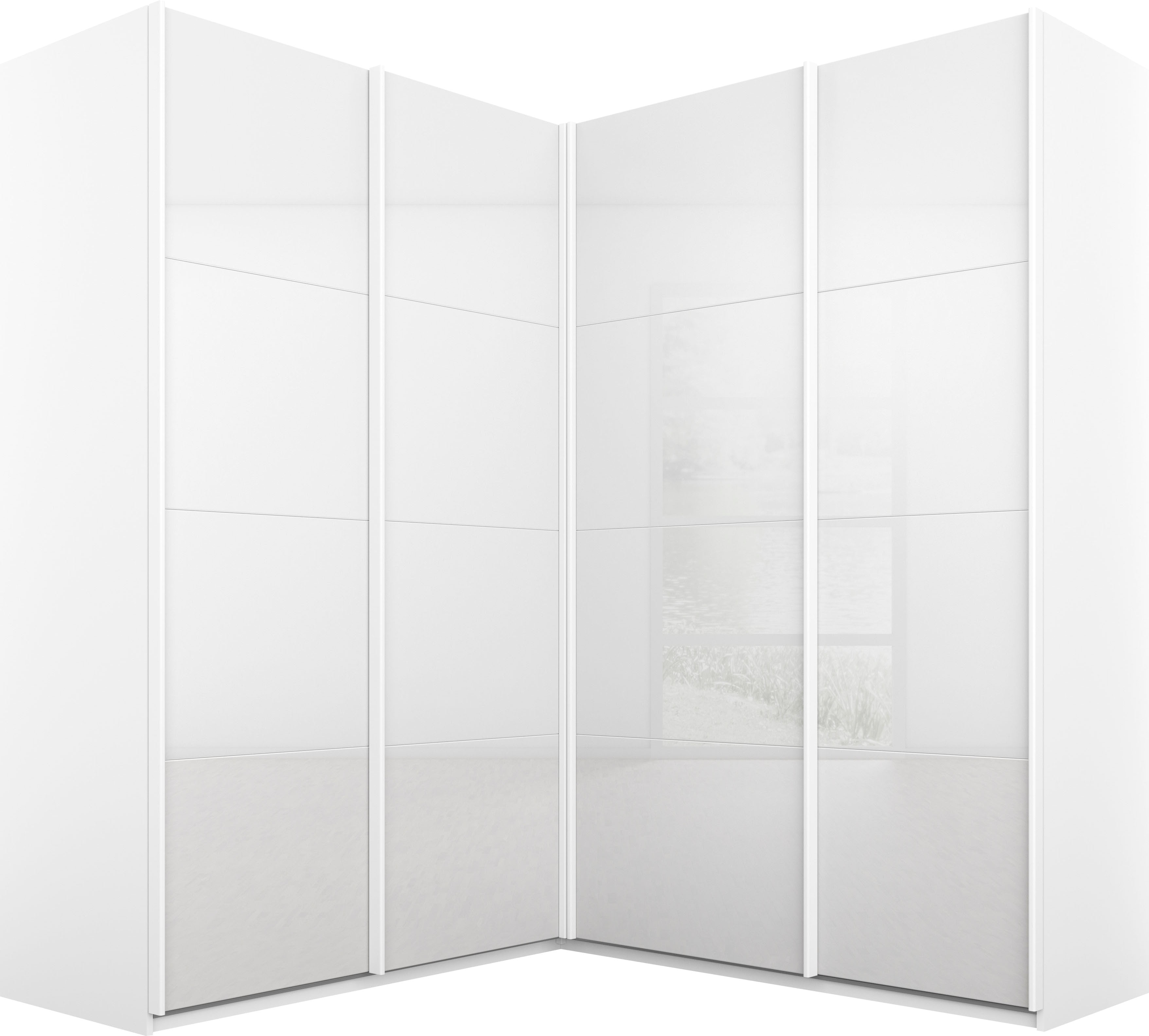 rauch Schwebetürenschrank "Schrank Garderobe Eckkleiderschrank QUADRA Front in Dekor/Hochglanz" Maß 181x187 cm, Höhen 210/229 cm, inkl. Soft-Close-Funktion, extra großer Eckschrank inkl. Schubladeneinsatz MADE IN GERMANY