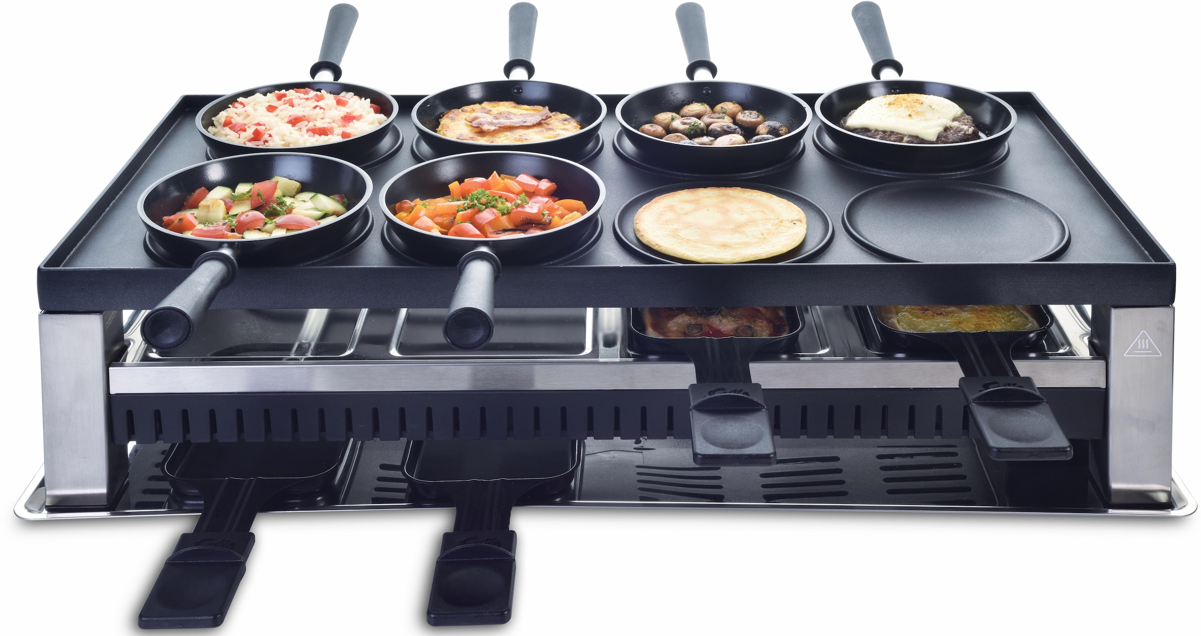 SOLIS OF SWITZERLAND Raclette »Typ 791«, 8 St. Raclettepfännchen, 1400 W, 5in1: Raclette, Tischgrill, Crépe, Mini Wok, Pizza