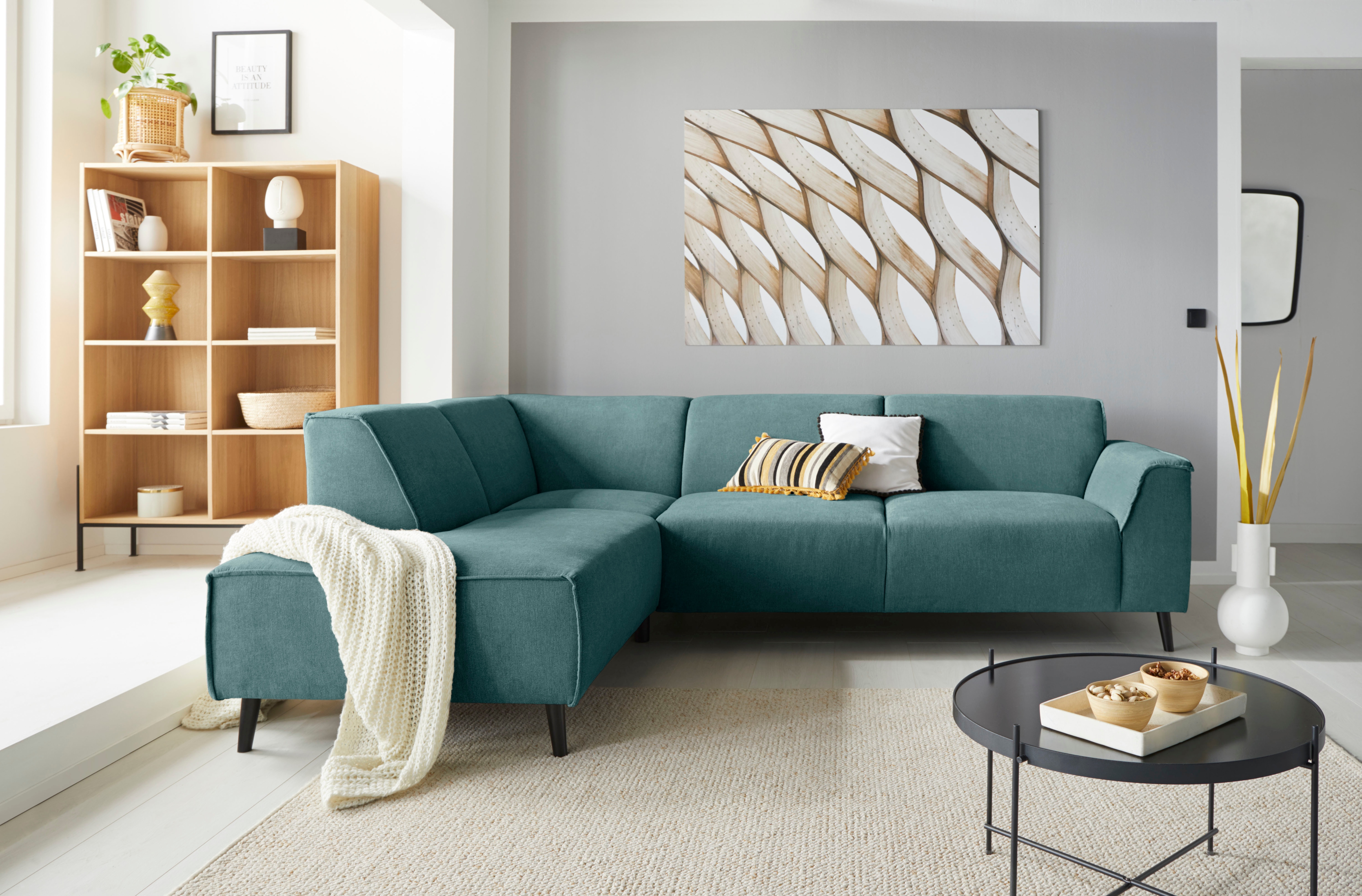 DOMO collection Ecksofa "Amora, bequem und zeitlos, L-Form" mit Federkern, Fußhöhe passend für gängige Saugroboter