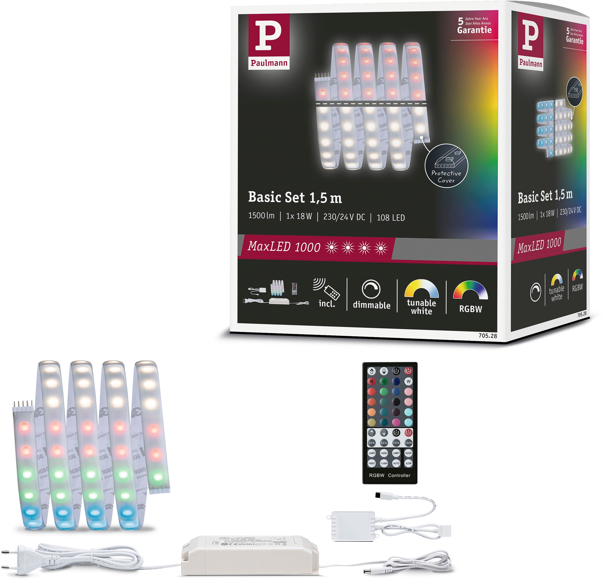 PAULMANN LED-Streifen "MaxLED 1000 Basisset 1,5m IP44 Cover 3000K 18W 230/24V 50VA Silber", Flammen 1 Stk., Gesamtlänge 4,72m, silber, Küche,