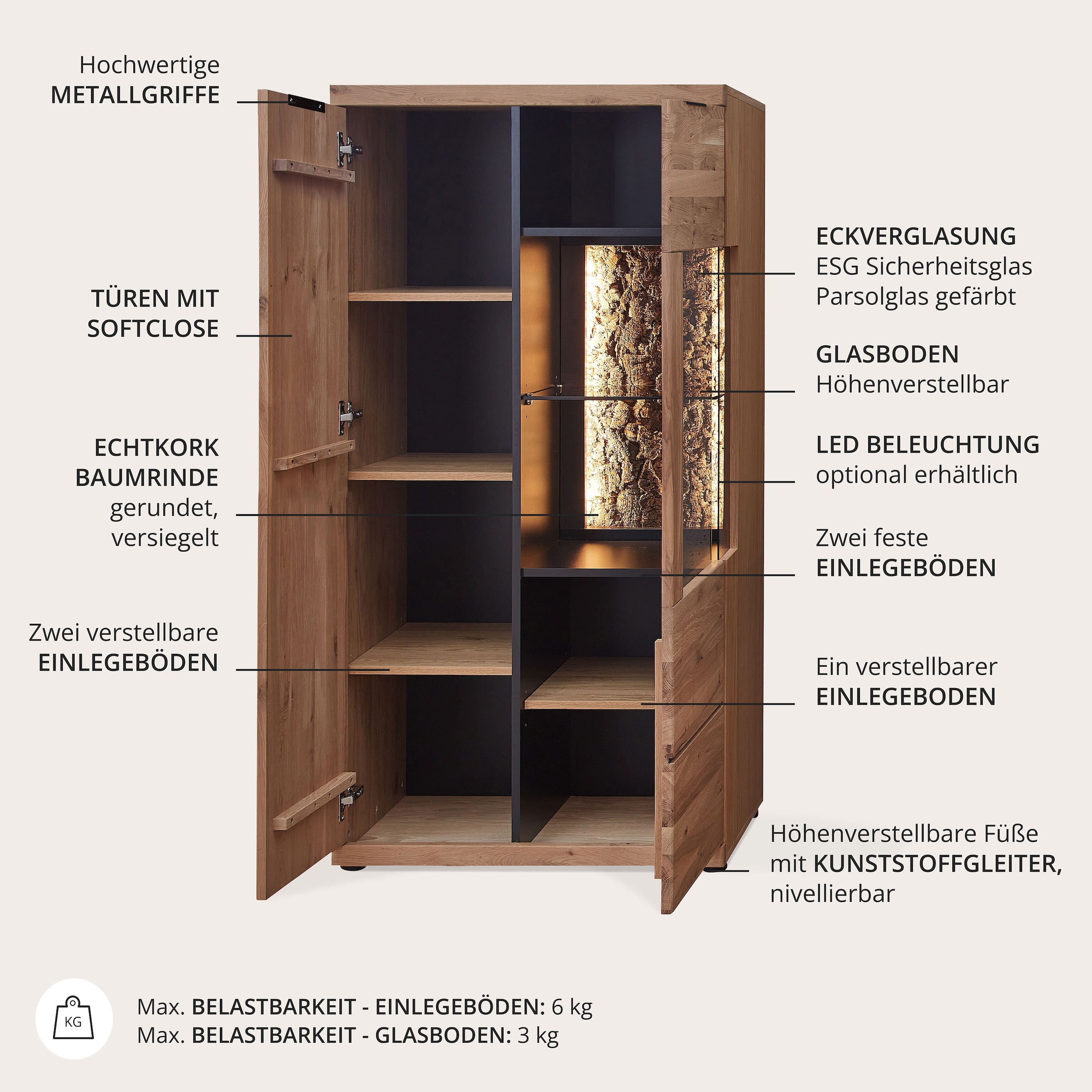 Wohnconcept Vitrine »Donna Vitrine, 75x148x42 (BxHxT)« 1 Stk. tlg. Beleuchtung bestellbar, 2 türig, Softclose, Echtkork Absetzung