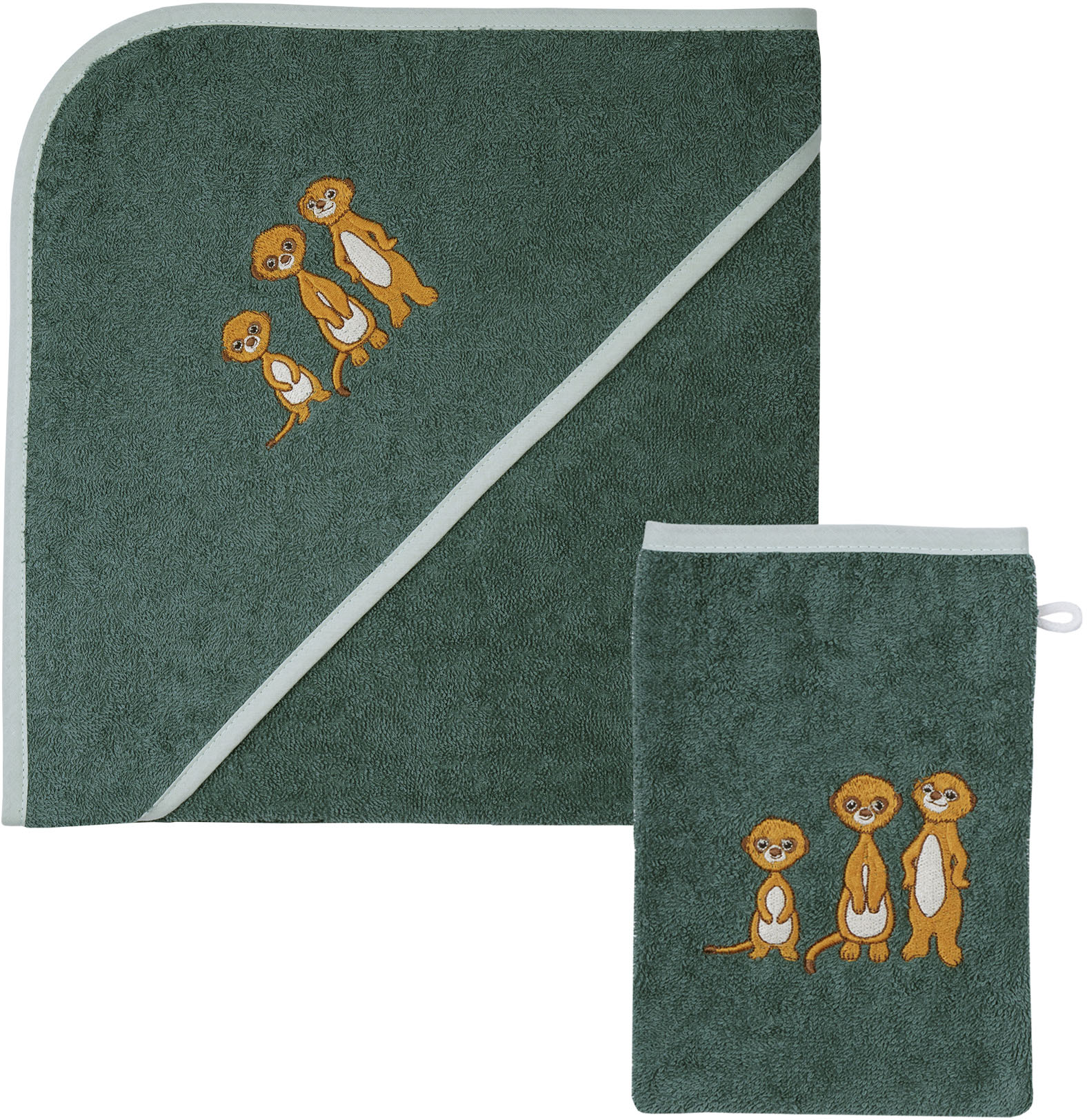 Wörner Handtuch Set "Erdmännchen Kapuzenbadetuch 100/100 mit Waschhandschuh" mit süßer Stickerei Erdmännchen
