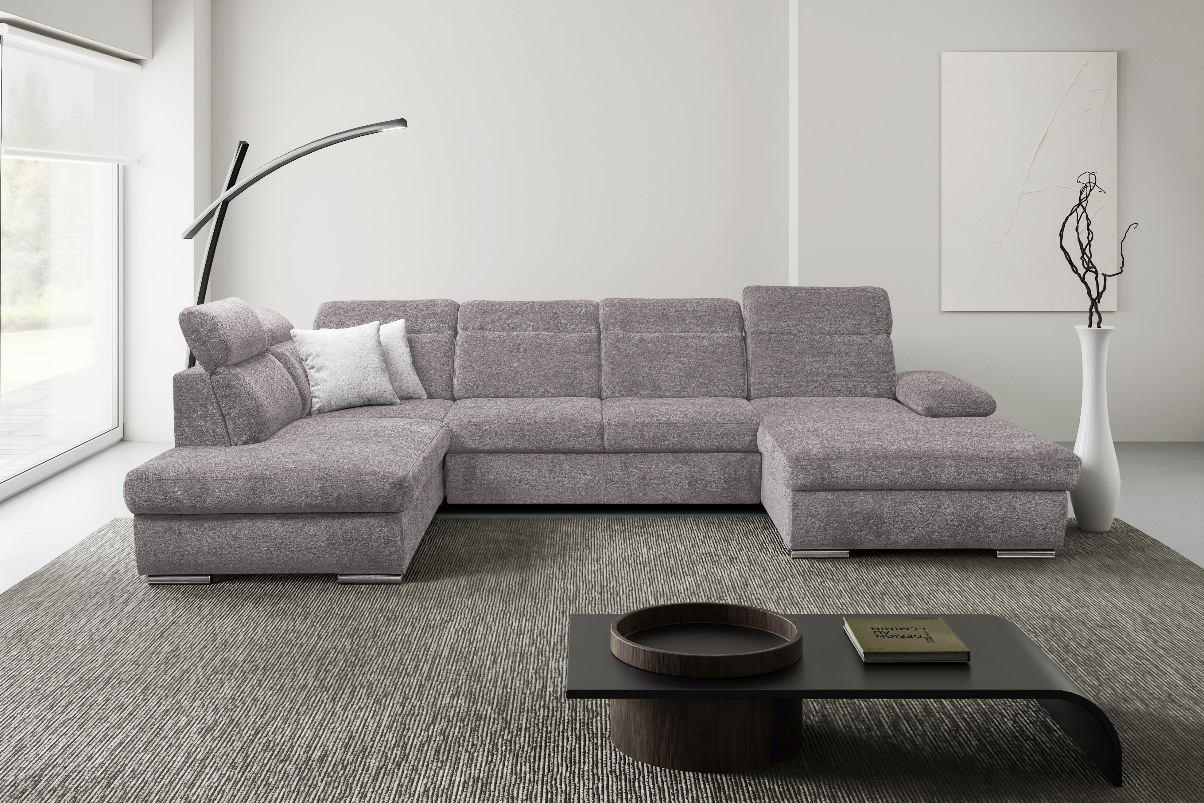 WERK2 Wohnlandschaft "Cordoba 359 x 232 cm inkl. Bett modern und bequem" Struktur weich, U-Form, XXL, Schlaffunktion, Bettkasten