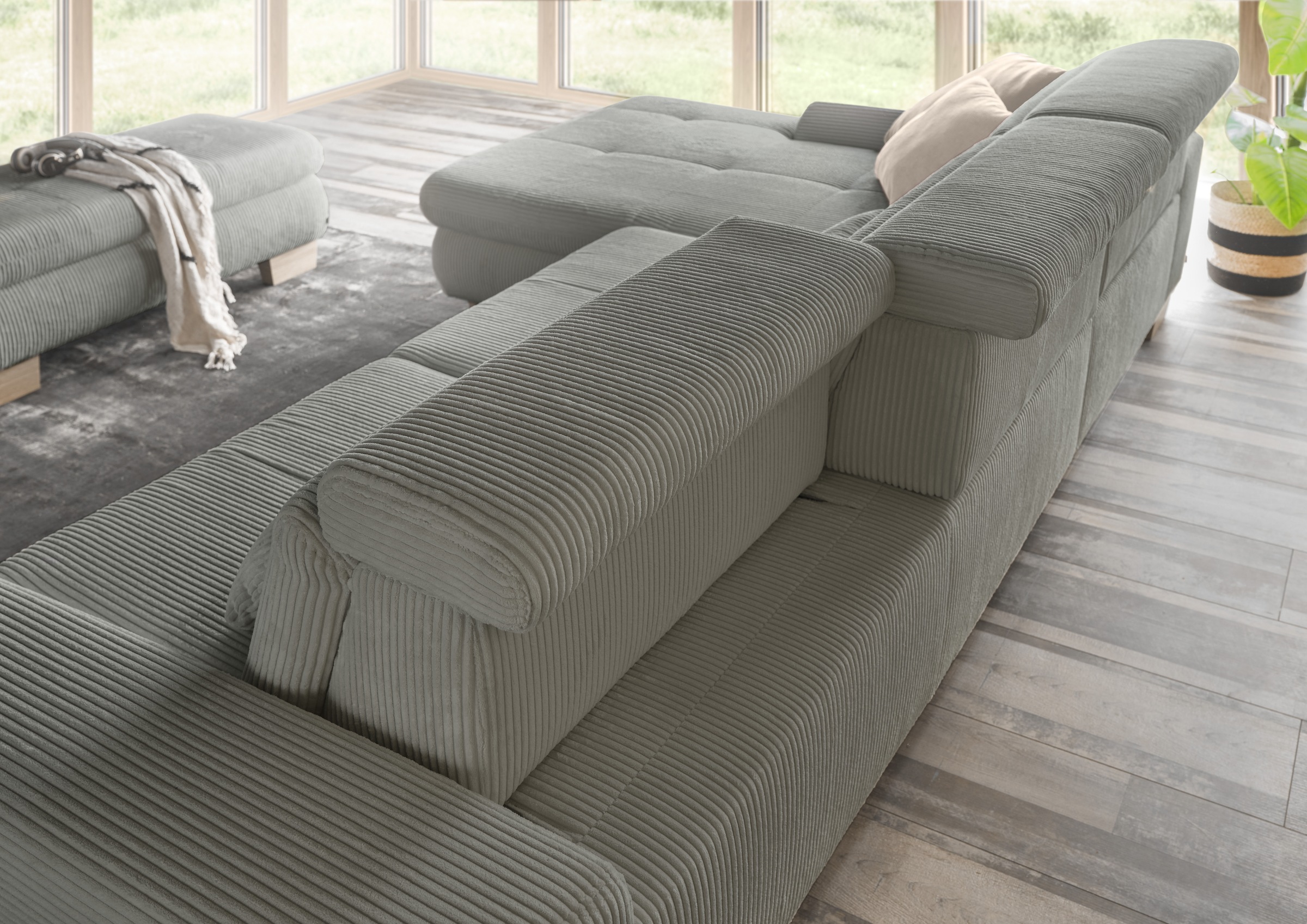 set one by Musterring Ecksofa »SO 3400 Sitzhöhe 47cm oder 49cm, Sitztiefe verstellbar, B/T: 307/195cm«, whlw. mit Funktion, Kaltschaum, in Cord, lind, Sitzhöhe 47