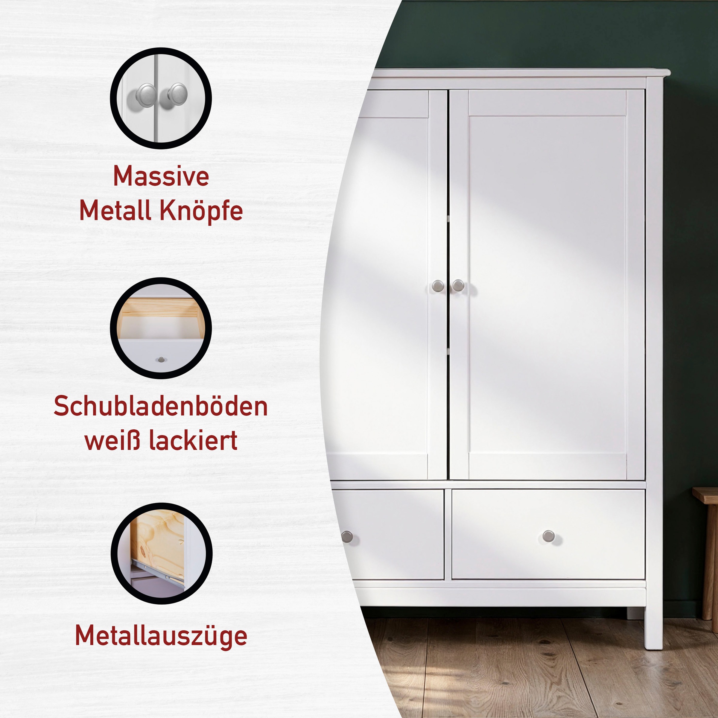 Inter Link Wäscheschrank »Pinora, 2 Türen, Kiefer Massivholz Weiss, Silberne Metallgriffe« 1 Stk. tlg. Inkl. Einlegeböden & 2 Schubladen, Skandi Look, 107 x 45 x 140 cm