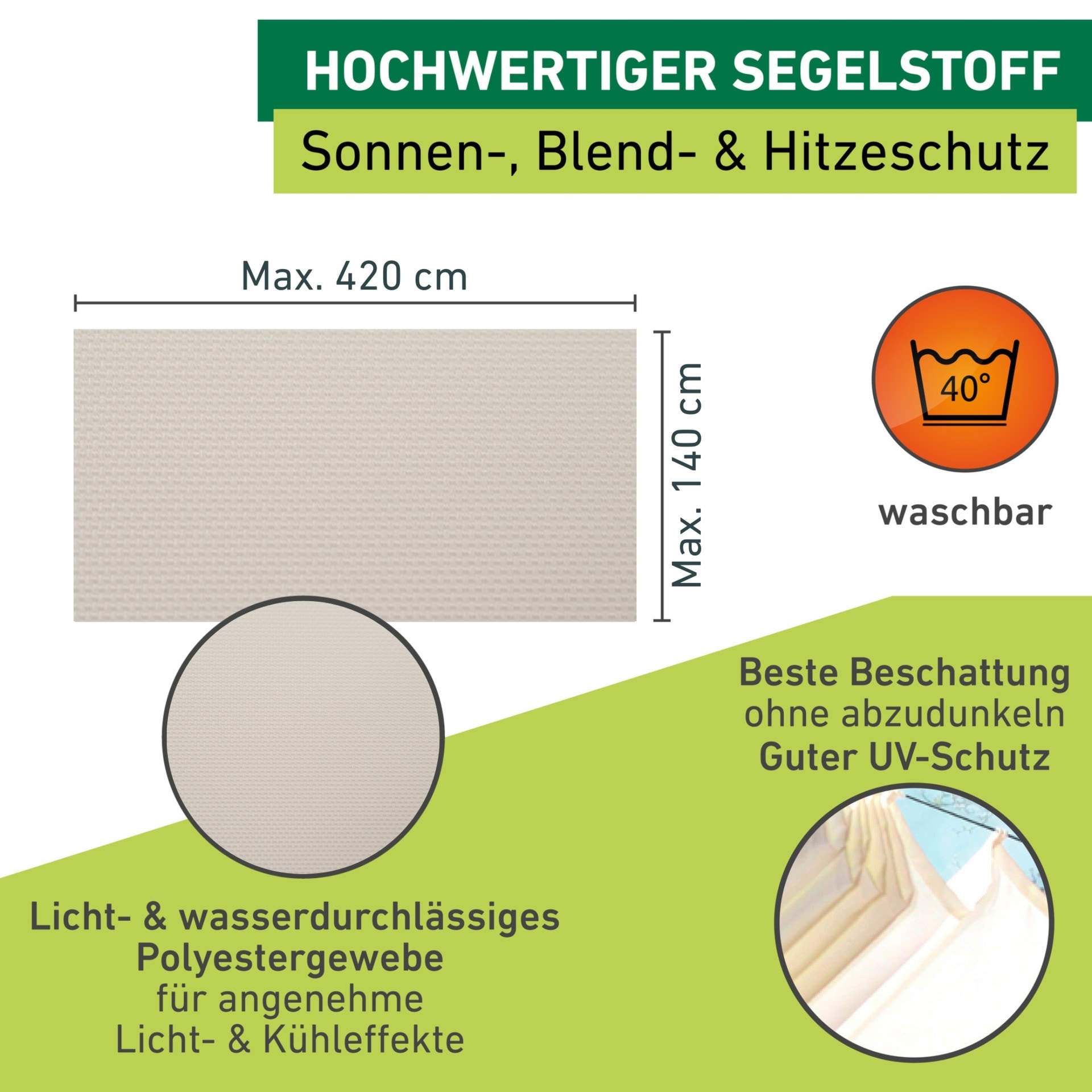 Windhager Sonnensegel für Seilspannmarkise, inklusive Laufhaken, 4,2x1,4 m