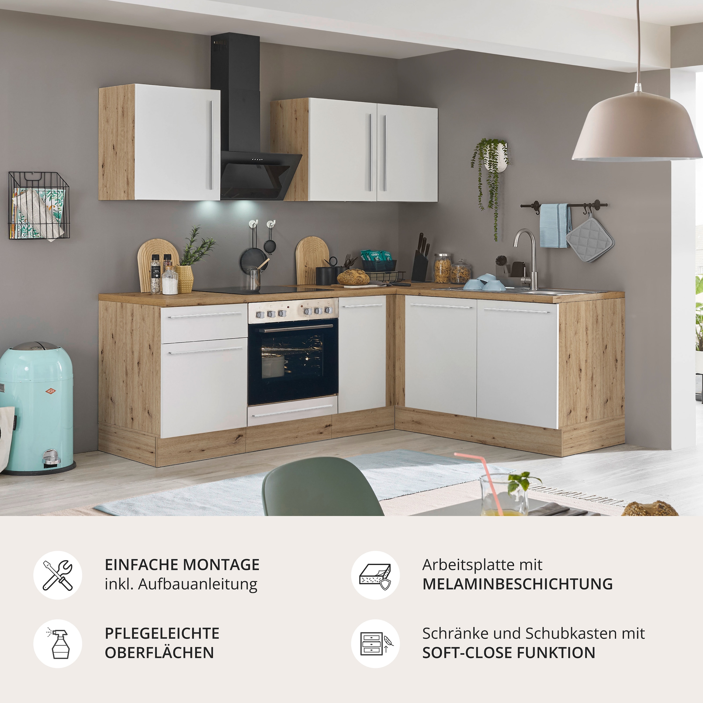 KOCHSTATION Winkelküche »Florida, Stellbreite 210x165 cm« wahlweise mit E-Geräten, mit Softclose für Türen und Schubkästen