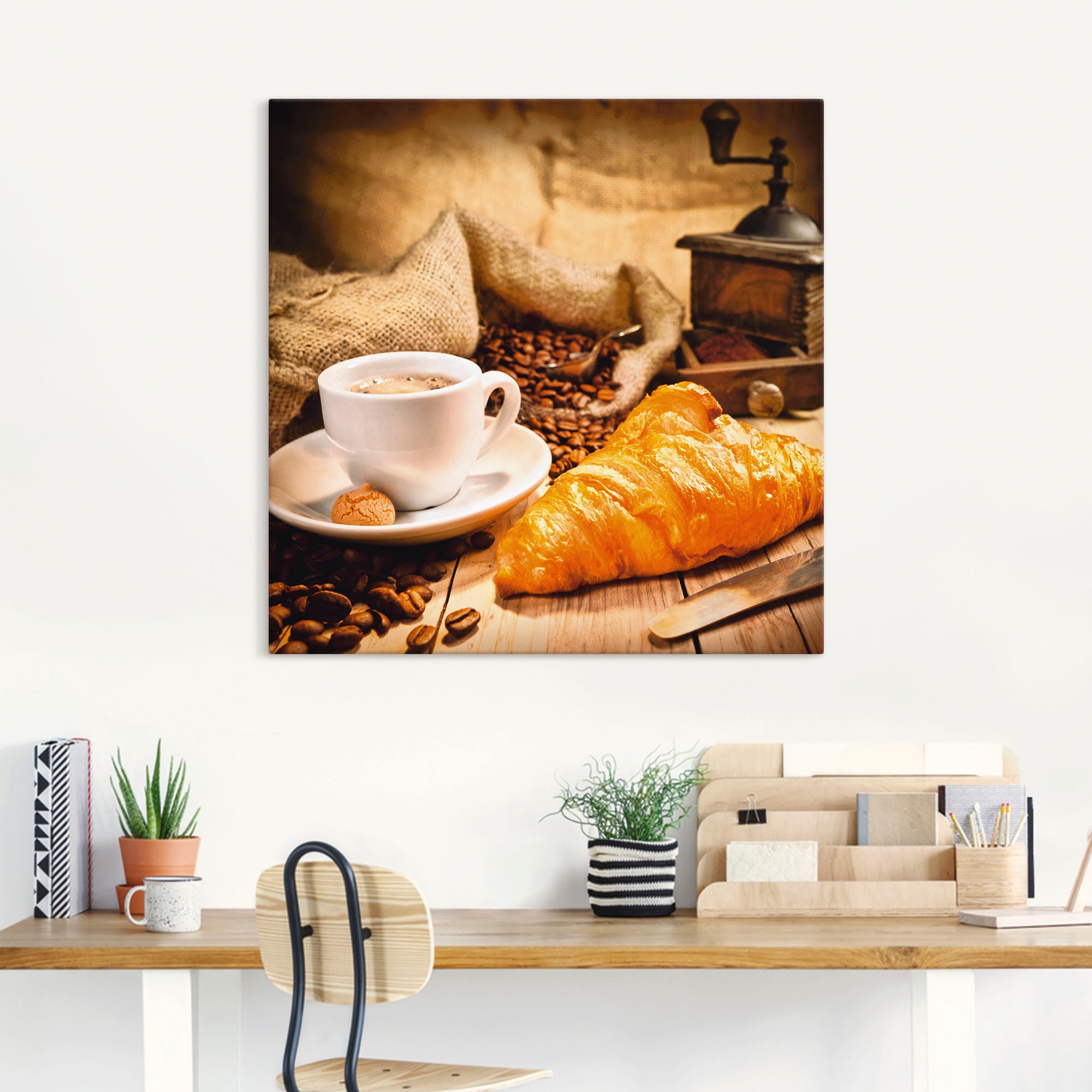 Artland Wandbild "Kaffeetasse mit Croissant" Getränke 1 Stk. tlg. auf Holzr günstig online kaufen