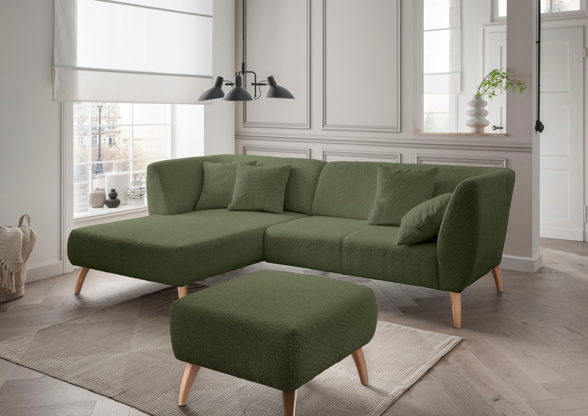 Home affaire Ecksofa "Lazio modern und bequem, schmale Armlehnen, tolle Detailverarbeitung" Holzfußfarbe wählbar, inkl. 4x Zierkissen