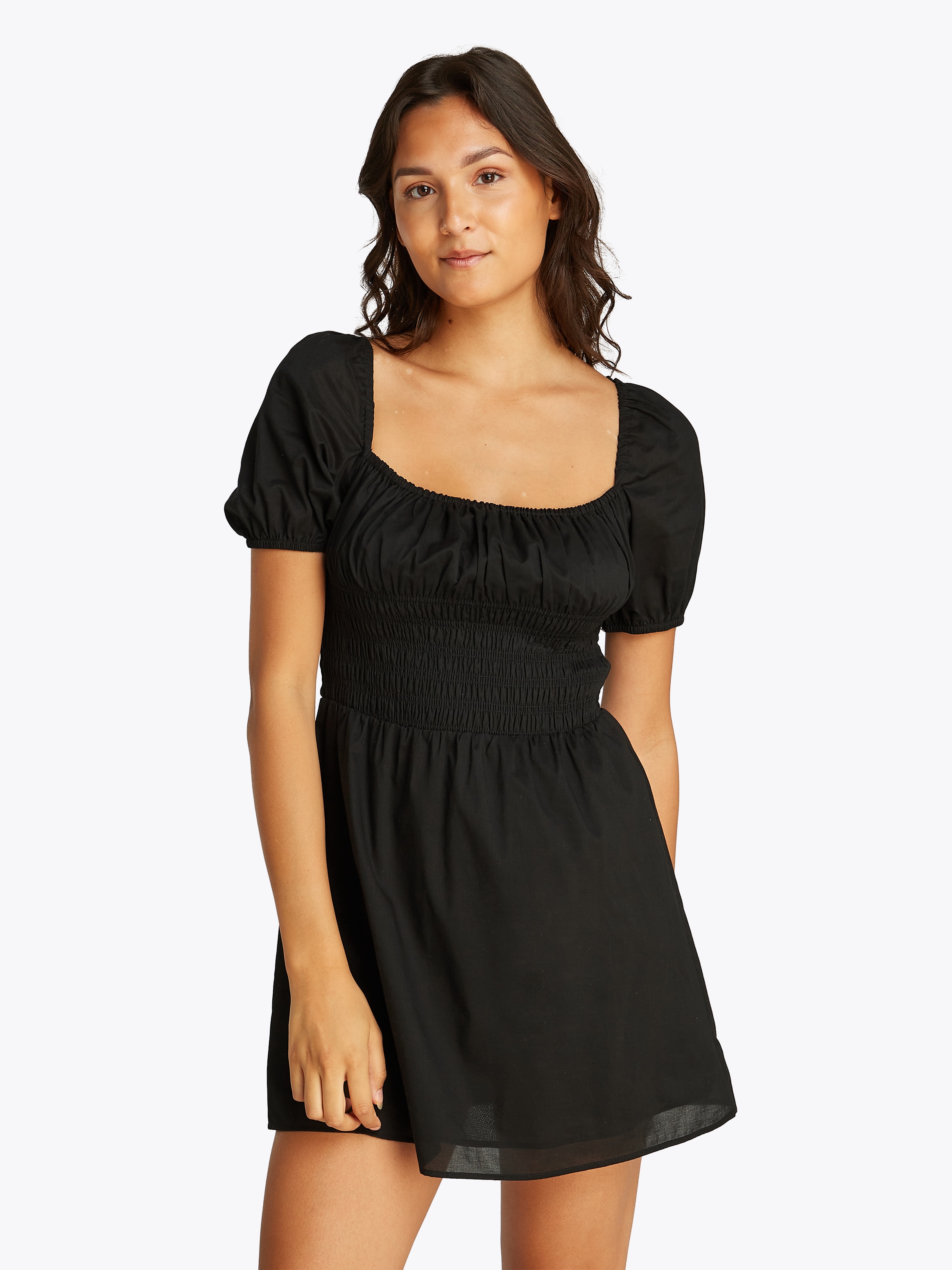 Tommy Jeans 1100000002199 "TJW COTTON VOILE MINI DRESS EXT" in Mini-Länge, mit Raffungen