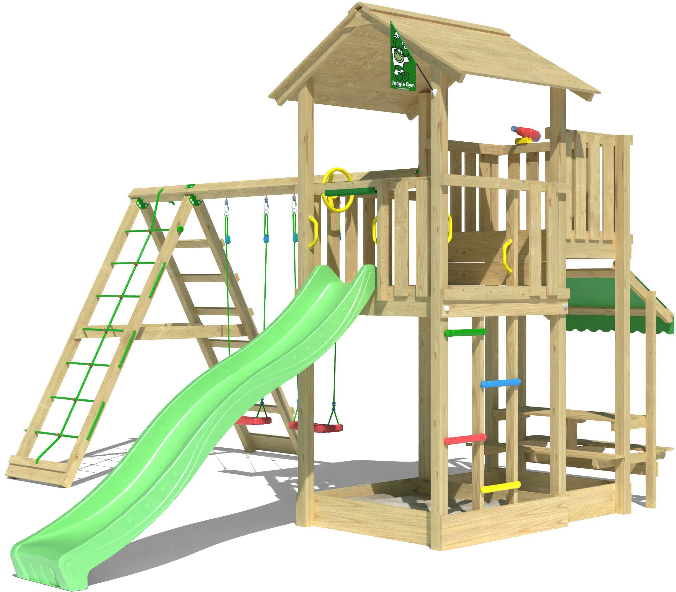 Jungle Gym Spielturm »Veranda«, (Set), Spielanlage mit Schaukel, Kletterbock und Rutsche mit Wasseranschluss