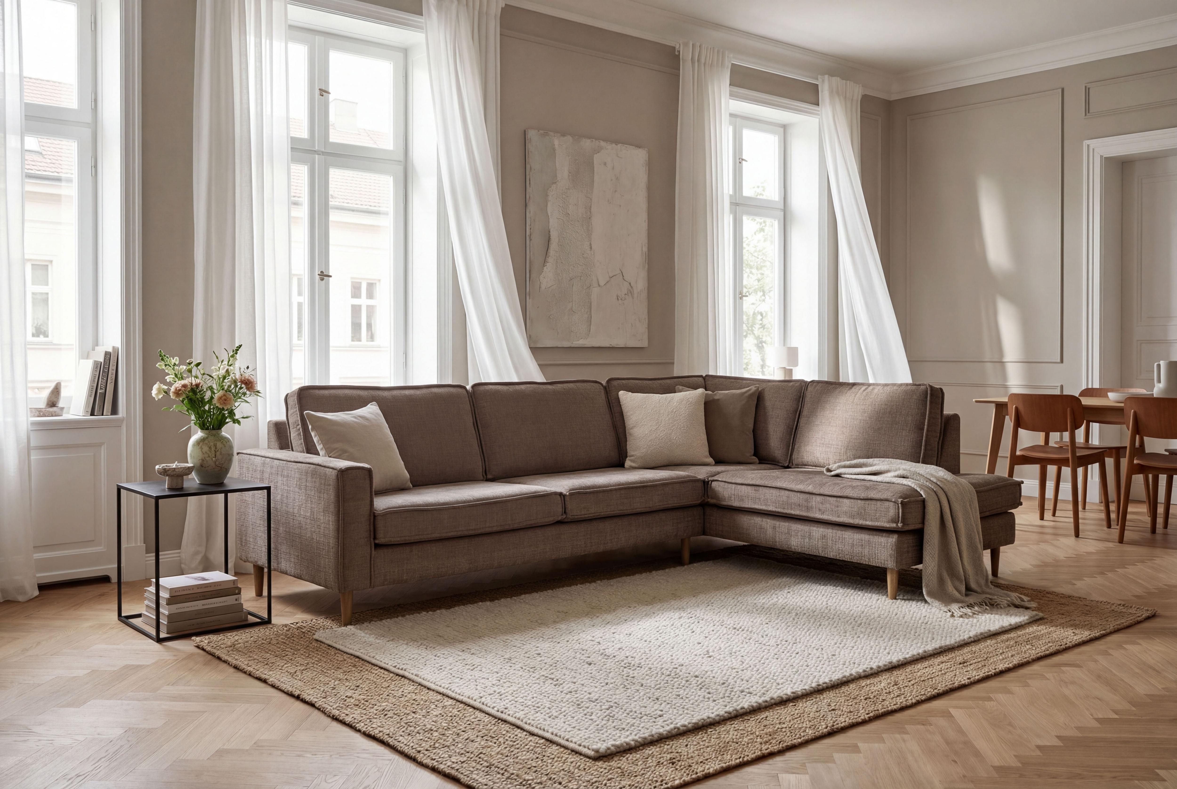 OTTO home Ecksofa "Pinto Skandi, 290 cm, Chenille, Struktur, Ottomane links / rechts" mit Keder, Massivholzfüße Eiche geräuchert, Wellenunterfederung