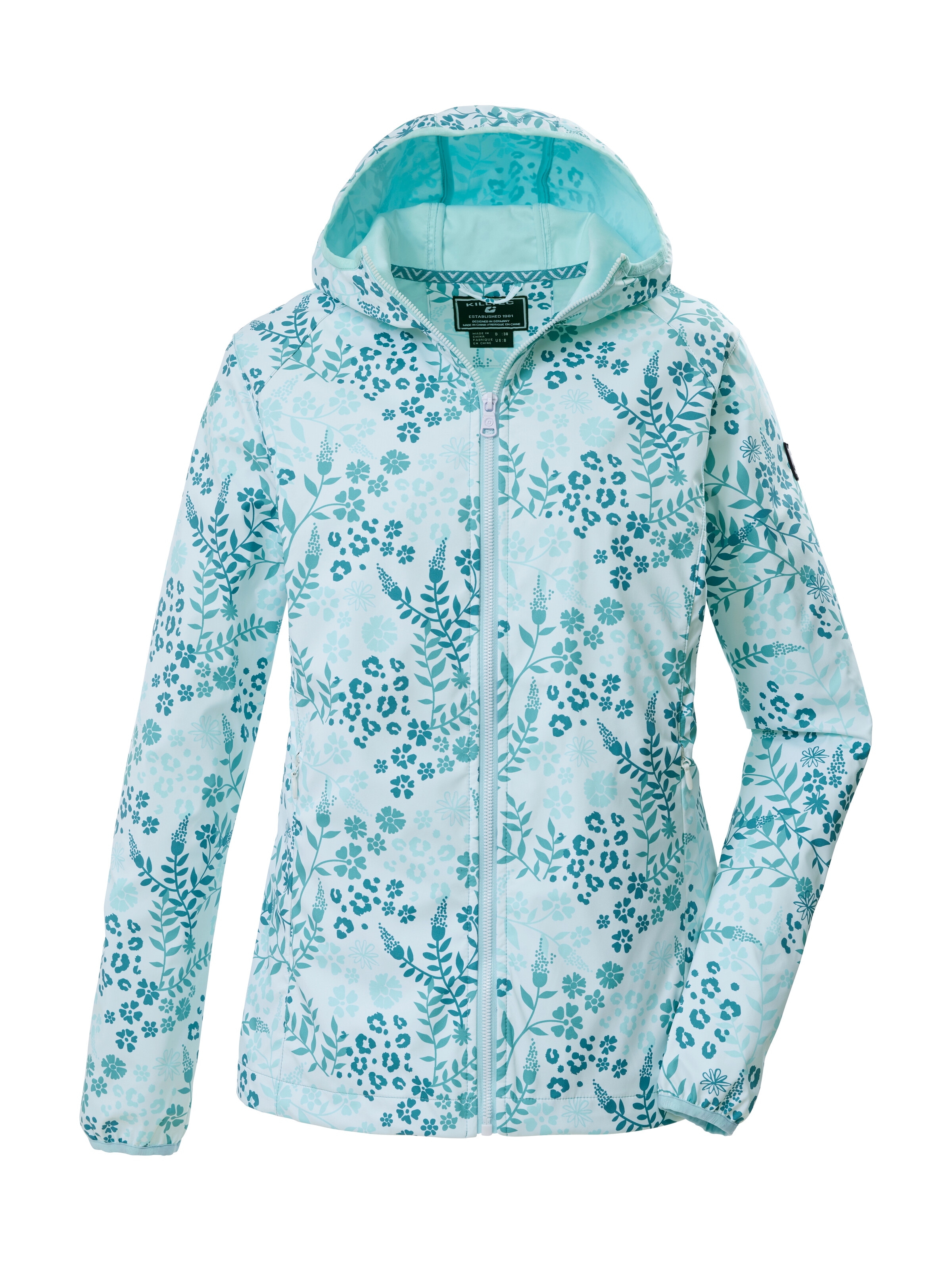 Softshelljacke KILLTEC "KOS 14 WMN SFTSHLL JCKT AOP", Damen, Gr. 44, ocean, Oberseite: 100% Polyester;Rückseite: 100% Polyester;Futter: 100% Polyester, Jacken Softshelljacke, Wasserabweisende, atmungsaktive Softshelljacke mit Kapuze
