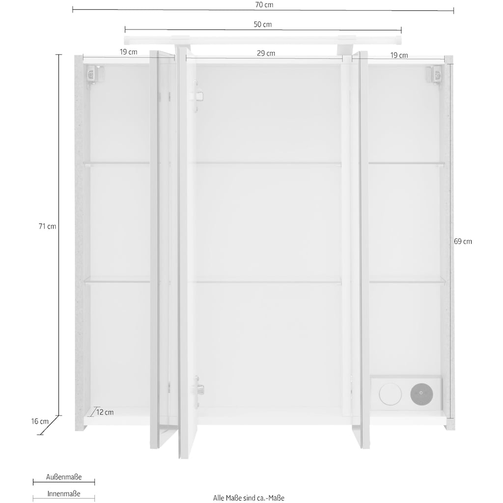 Schildmeyer Spiegelschrank »Dorina«, Breite 70 cm, 3-türig, LED-Beleuchtung, Schalter-/Steckdosenbox, Glaseinlegeböden, Made in Germany