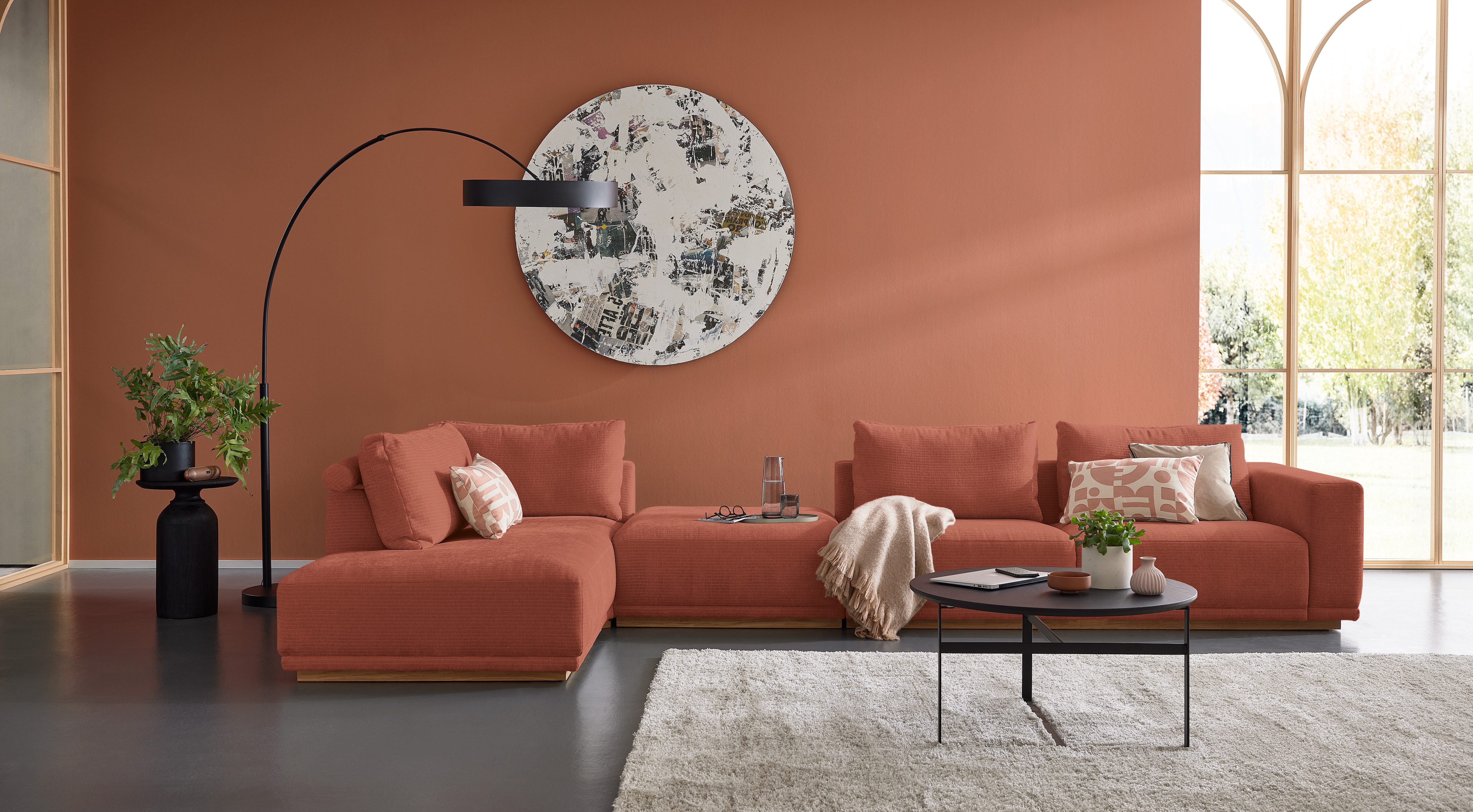 Musterring Wohnlandschaft "JustB PM200 bequem, wahlw. Sitzvorzug, Breite 395cm, Holzsockel" Anreihsofa Armlehne rechts, Eckteil links und Hocker. Ohne Sitzvorzug