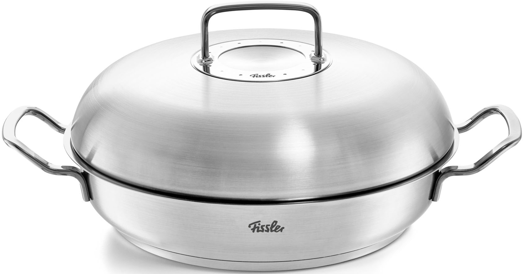 in Schüttrand, Fissler Germany, Made | tlg.), »ORIGINAL-PROFI 18/10, COLLECTION® BAUR mit Kaltmetallgriffen. mit (2 Deckel«, Induktion Servierpfanne Edelstahl breitem Bräter