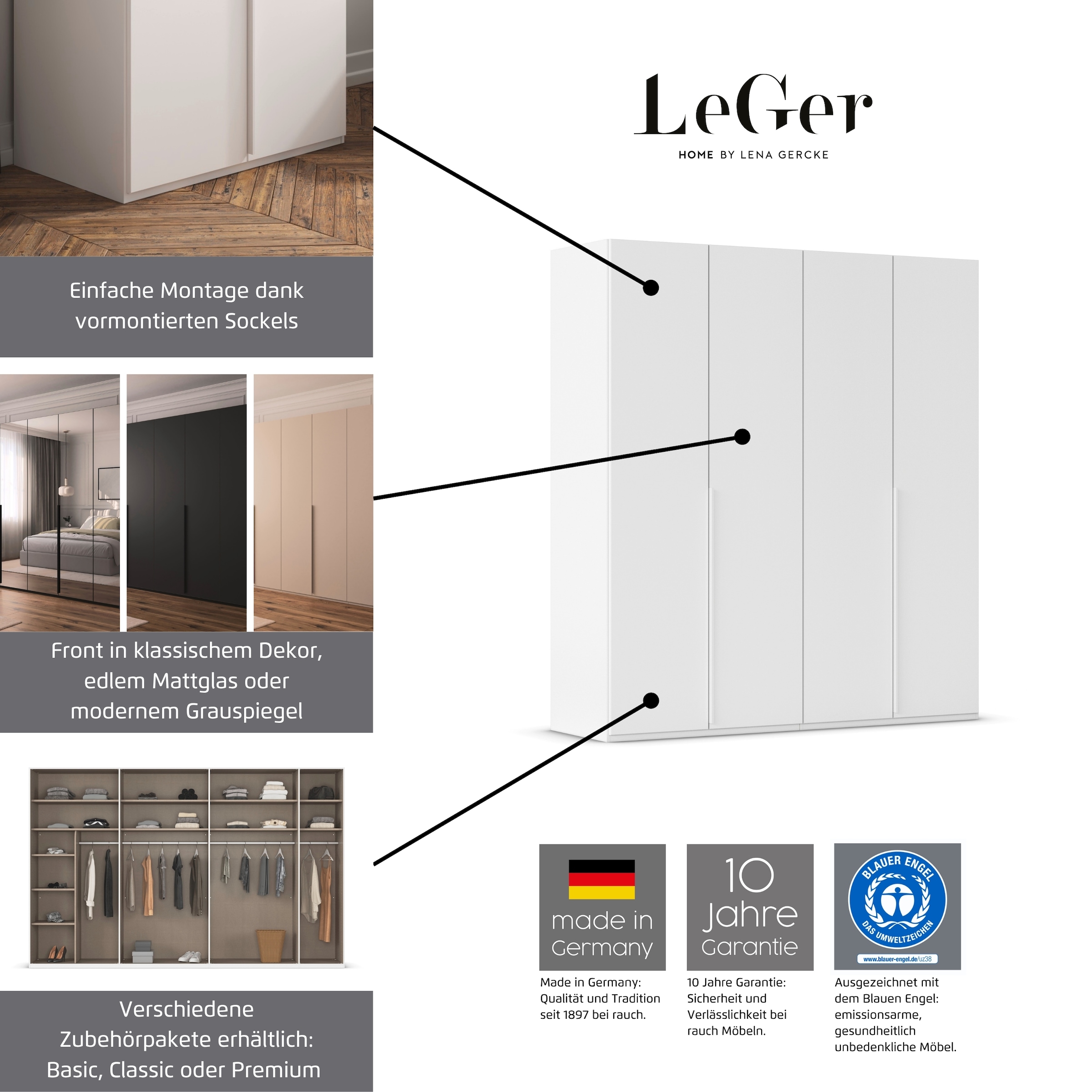 LeGer Home by Lena Gercke Kleiderschrank »Schrank Garderobe Ankleide Schlafzimmer Flur Serina«, (in 3 verschiedenen Ausstattungen BASIC/CLASSIC/PREMIUM), in 6 Breiten (101 - 401 cm) mit Front Glas oder Dekor MADE IN GERMANY