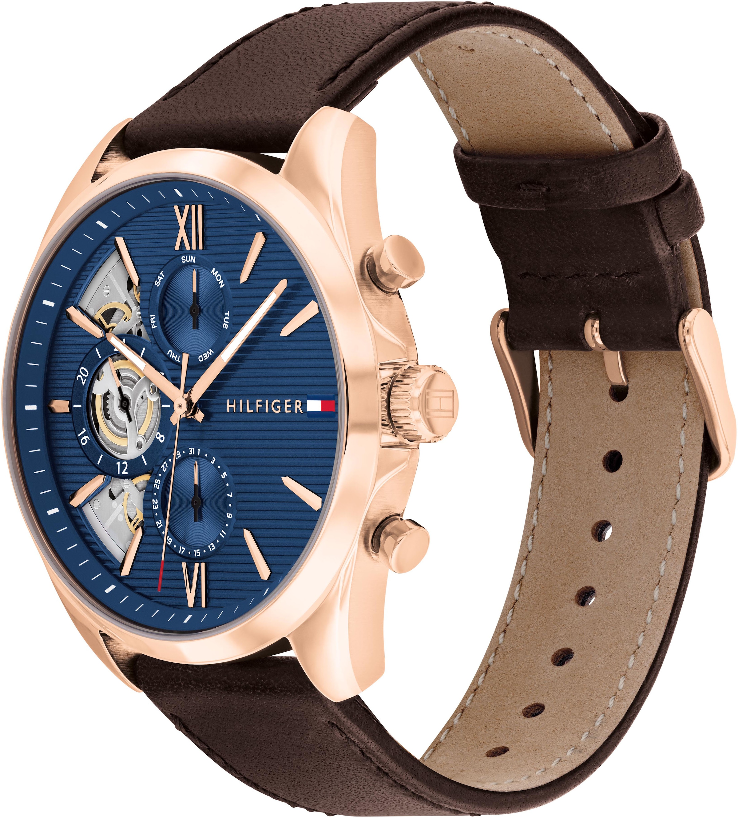 Tommy Hilfiger Multifunktionsuhr »BAKER«, Quarzuhr, Armbanduhr, Herrenuhr, Lederarmband, analog, Tag, Wochentag