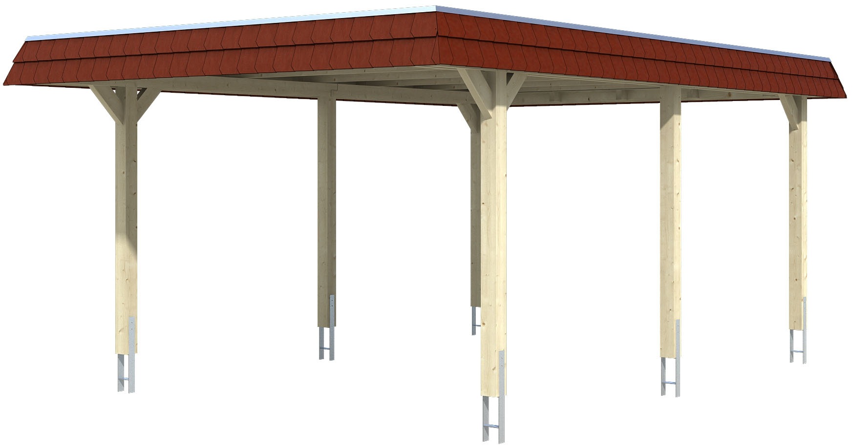 Skanholz Einzelcarport "Wendland", Leimholz-Fichte, 341 cm, Nussbaum, mit Aluminiumdach, rote Blende