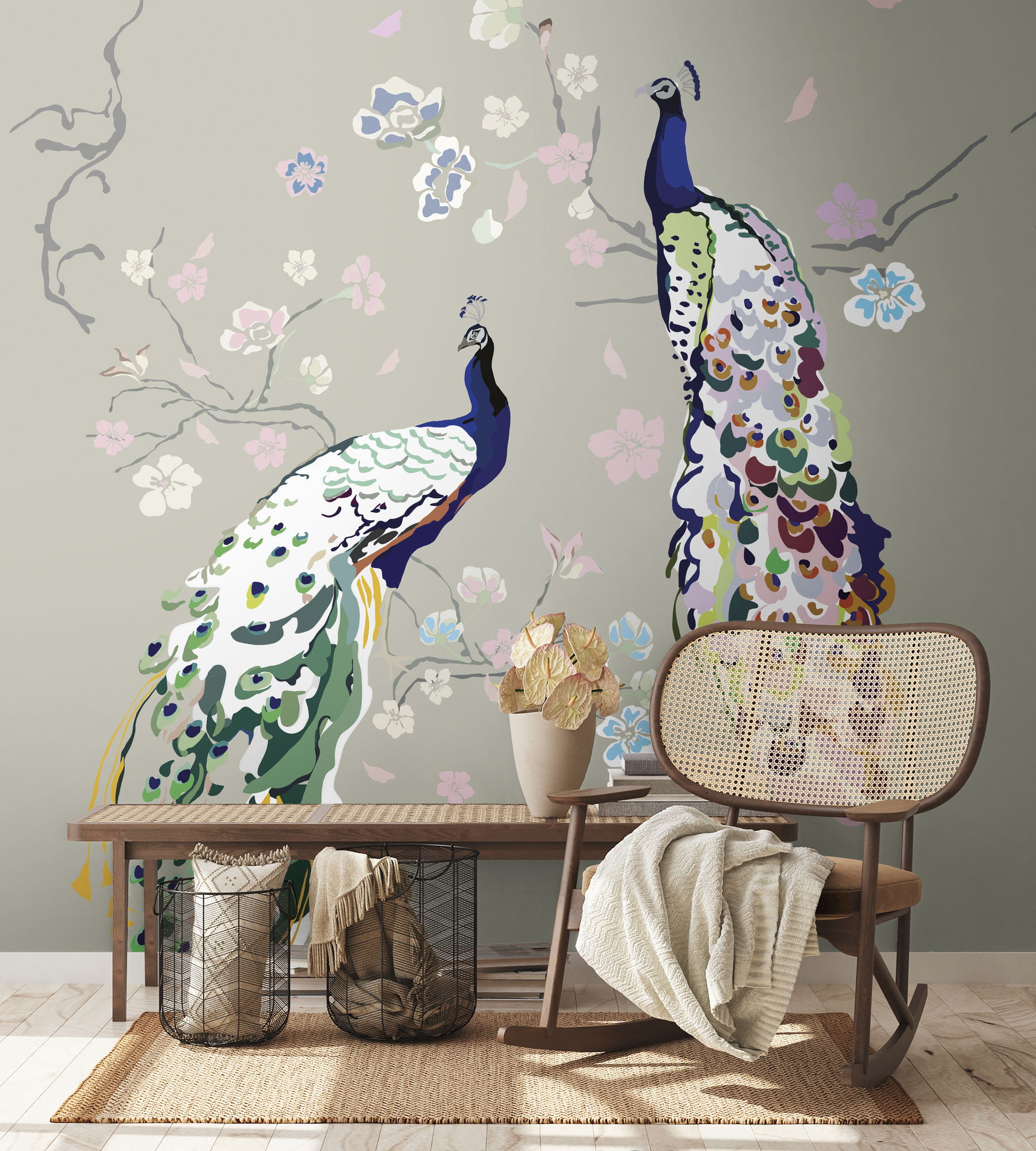 living walls Vliestapete "House of Turnowsky Designer Fototapete Pfau" gemustert matt neutral glatt Vogeltapete Floral Tapeten Wohnzimmer Schlafzimmer Küche Design Optik