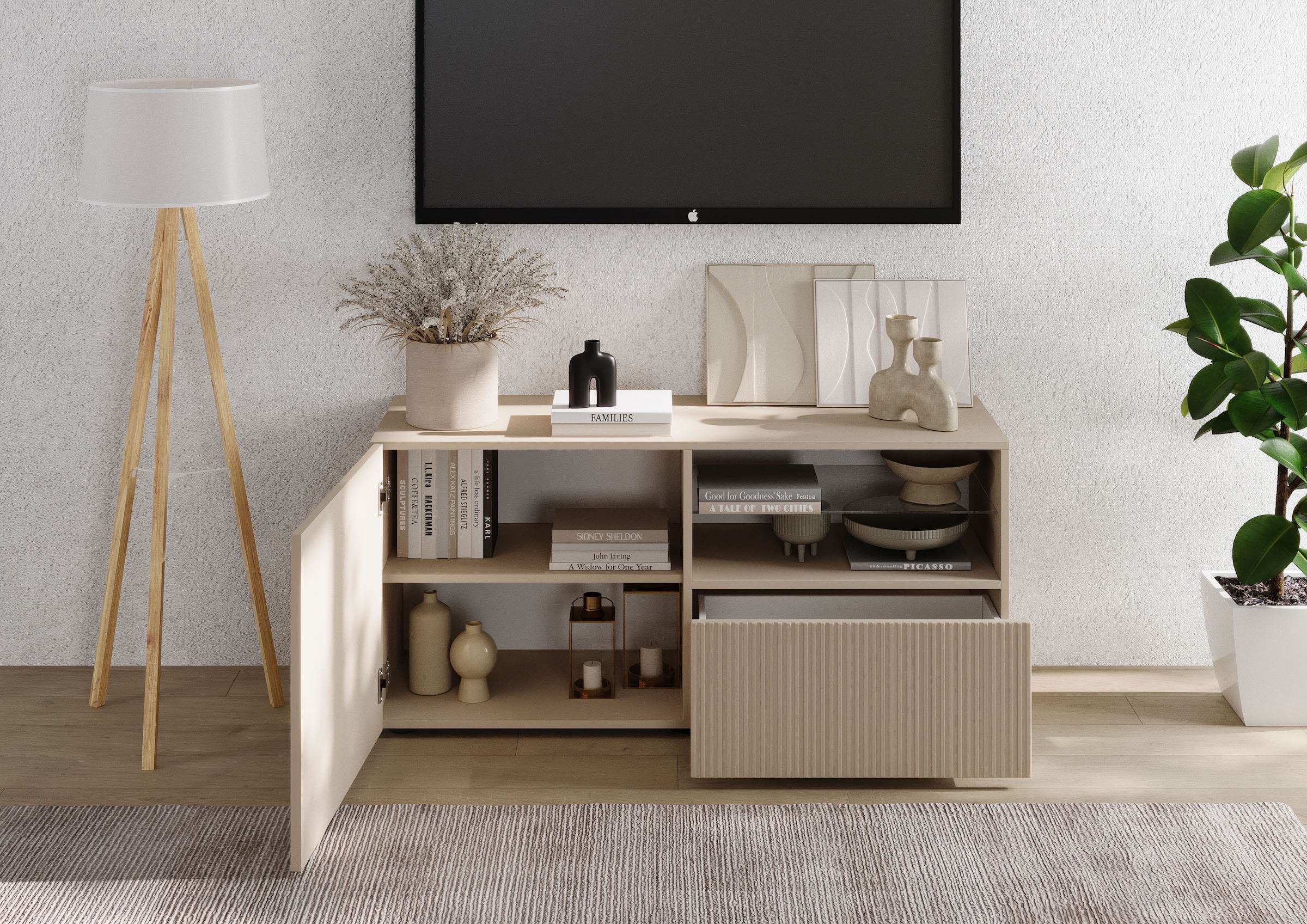 INOSIGN Lowboard »Rio Breite 120 cm, TV-Board 1 Tür u. 1 Schubkasten, TV-Schrank«, geriffelte Front, modern u. elegant, für kleine Räume