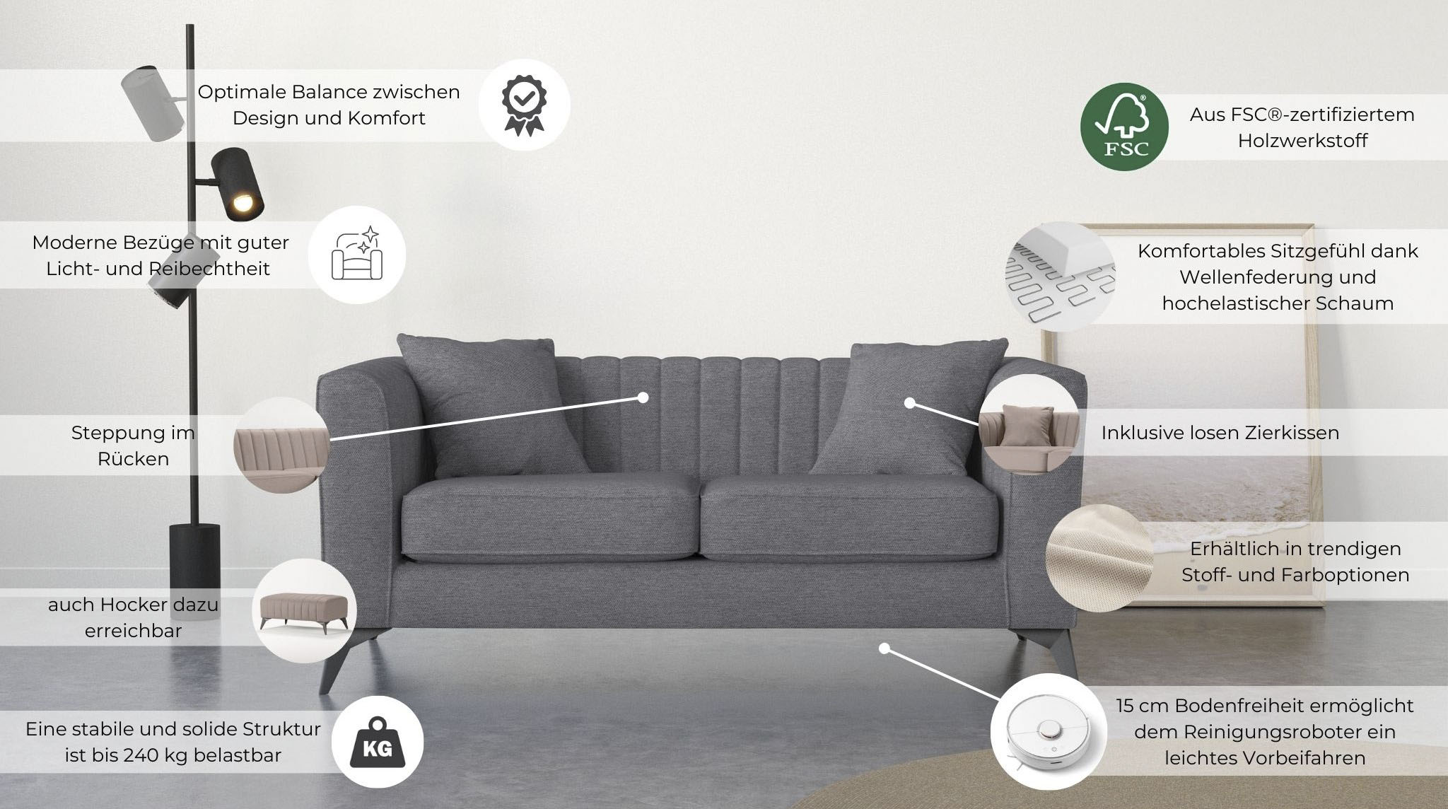 Thumbnail - Home affaire 2-Sitzer "MATTHEW elegantes Designsofa, Maße B/T/H: 170/86/74 cm" Steppung im Rücken, lose Sitzkissen, incl...