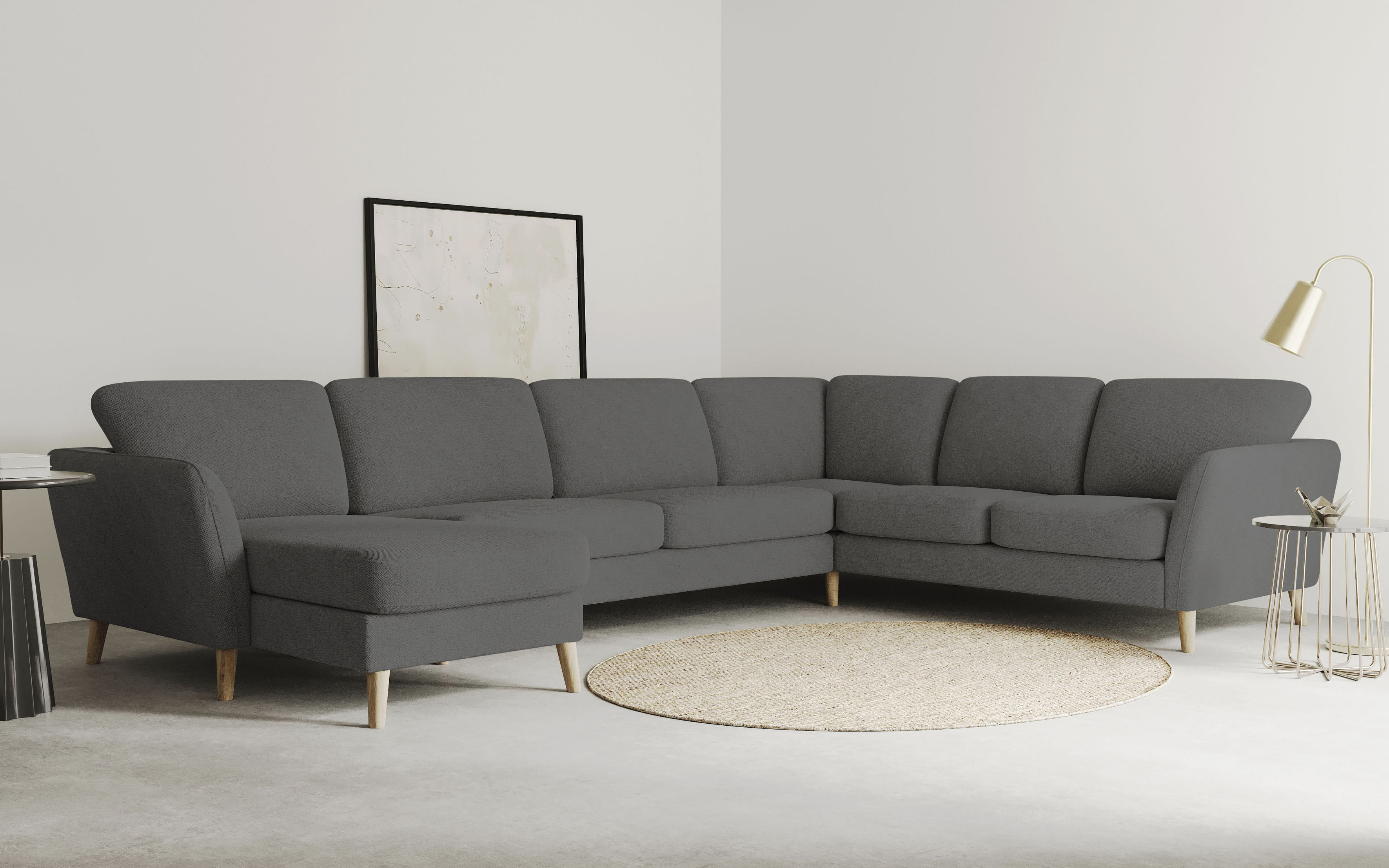 OTTO home Wohnlandschaft "MARSEILLE XXL 349cm, U-Form, Ottomane rechts/links wählbar" Massivholzbeine Eiche, Landhausstil, Wellenunterfederung