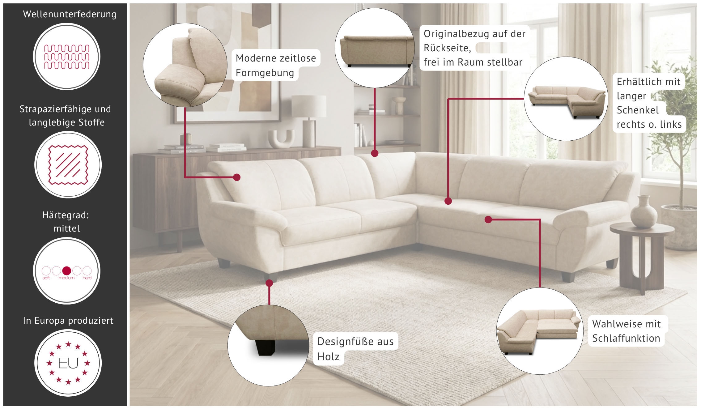 OTTO home Ecksofa »Silkeborg 251 x 251 cm, formschönes Sofa mit dunklen Füßen« aus haustierfreundlichem Pet Friendly Bezug
