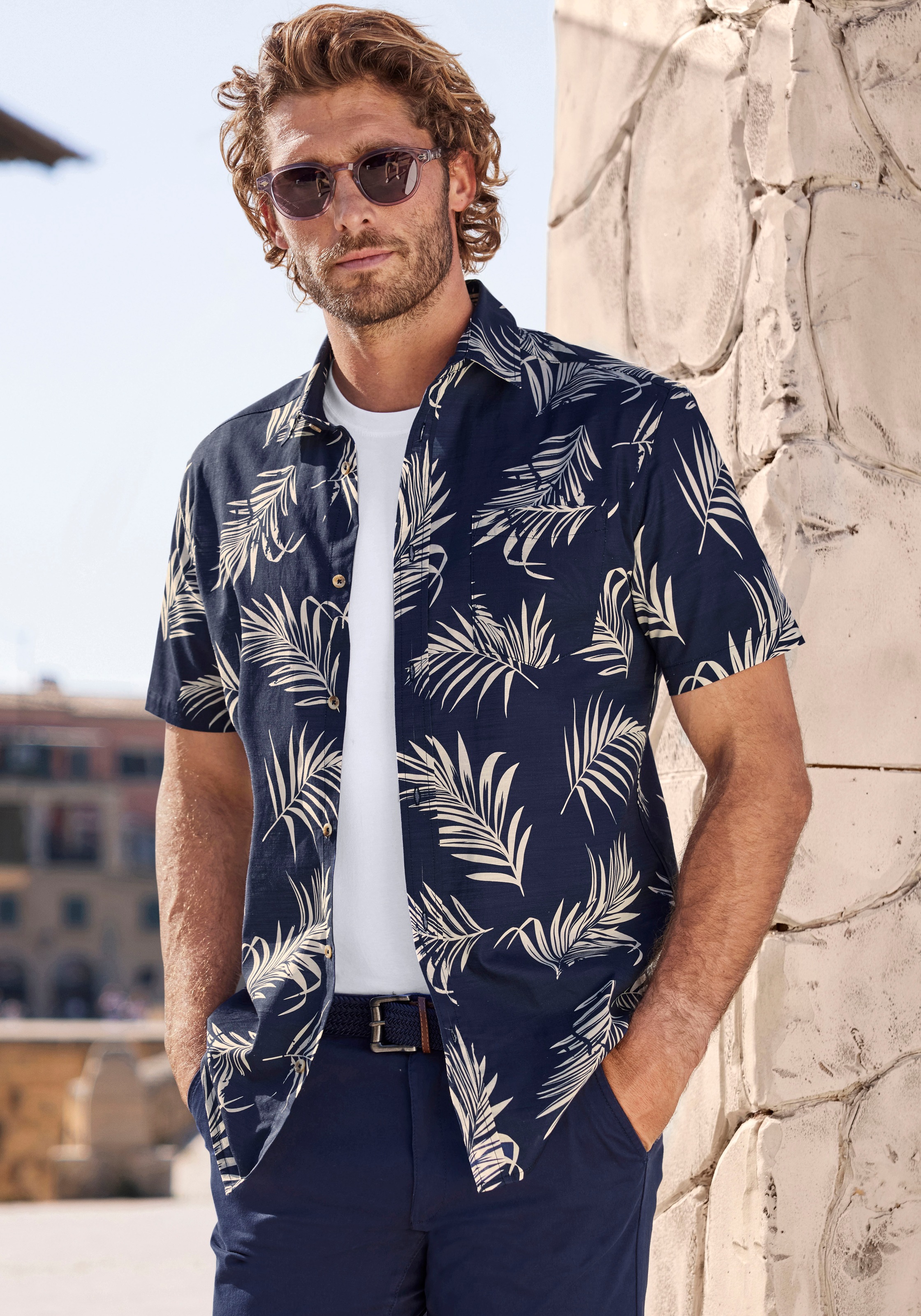 John Devin Hawaiihemd ", sommerliches Kurzarmhemd mit großem Palmen Druck" Kurzarm, Freizeithemd mit Palmenprint aus reiner Baumwolle