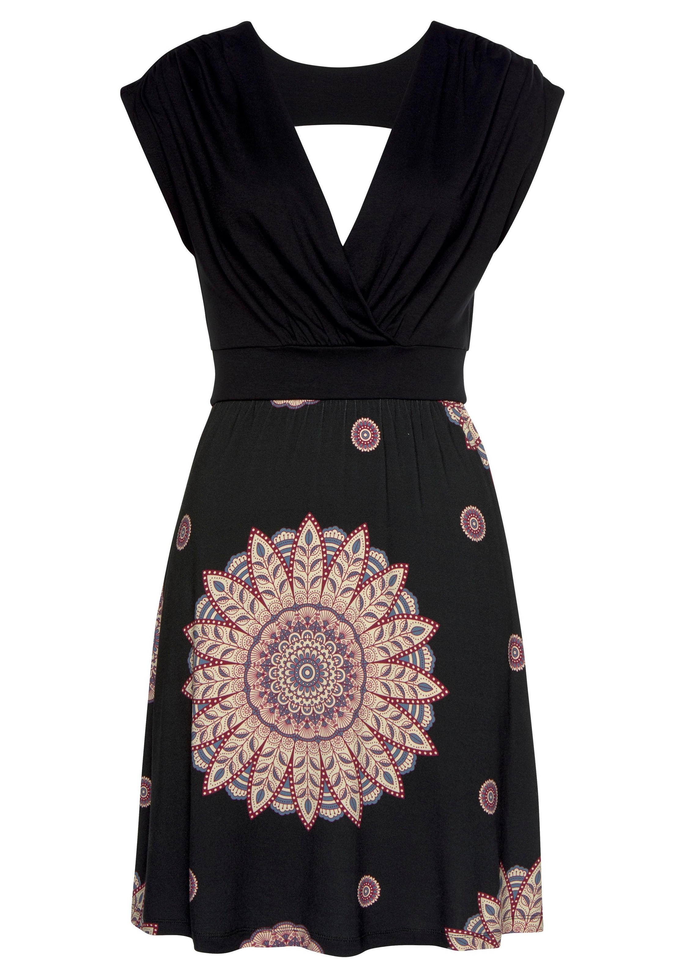 Beachtime by Lascana Jerseykleid "mit Rückenausschnitt, Oberteil in Wickeloptik mit V-Ausschnitt" Ohne Taschen Sommerkleid, leichtes Strandkleid, Druckkleid mit Ethnomuster