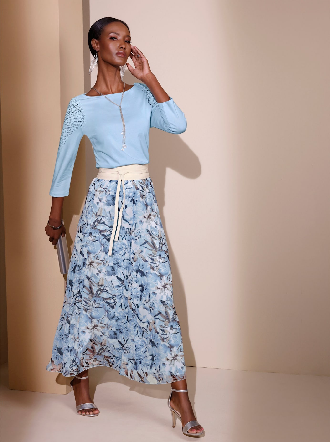 Faltenrock CREATION L, Damen, Gr. 36, blau (hellblau, ecru, bedruckt), 100% Polyester, geblümt, gemustert, lang, Röcke 3