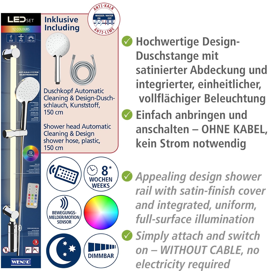 WENKO Stangenbrause-Set »Duschstange mit LED-Beleuchtung«, (3 tlg.), mit Duschkopf und Duschschlauch, inkl. wiederaufladbarer Einheit