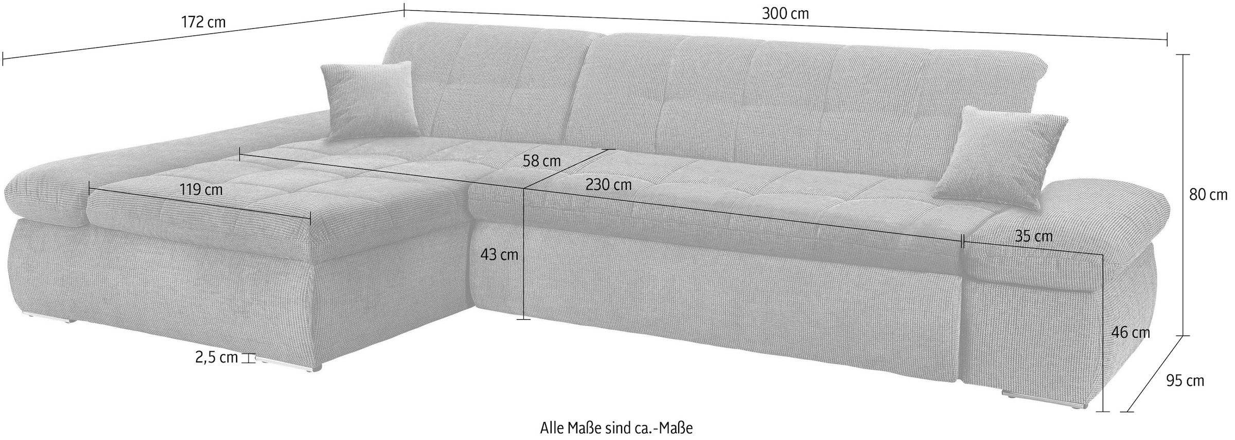 DOMO collection Ecksofa »NMoric XXL, B/T/H: 300/172/80cm, L-Form«, wahlweise mit Bettfunktion und Armlehnverstellung