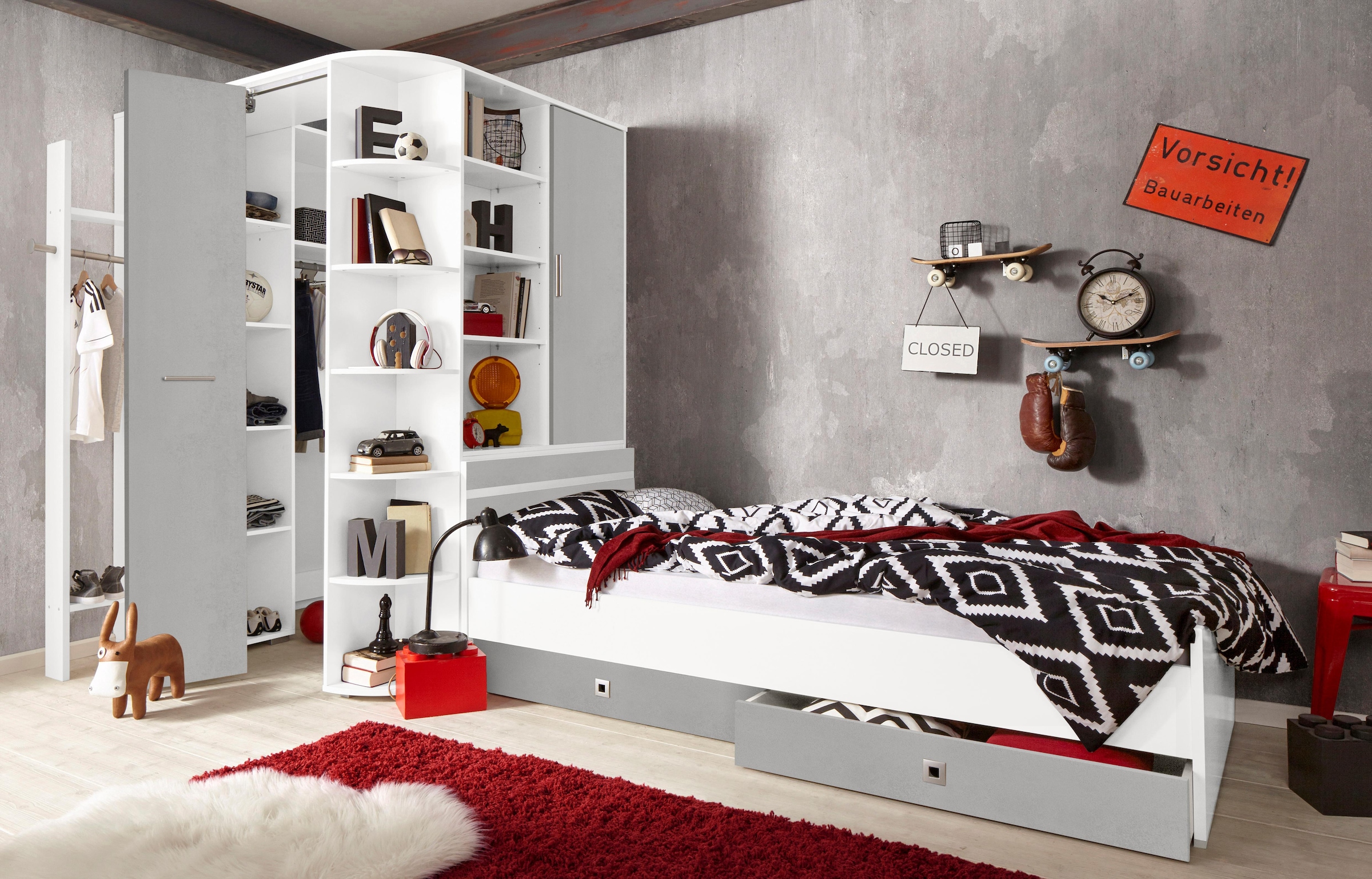 Wimex Jugendzimmer-Set »Joker Kleiderschrank mit Garderobe, Bett und Stauraumschubladen«, (Set, 4 tlg.)