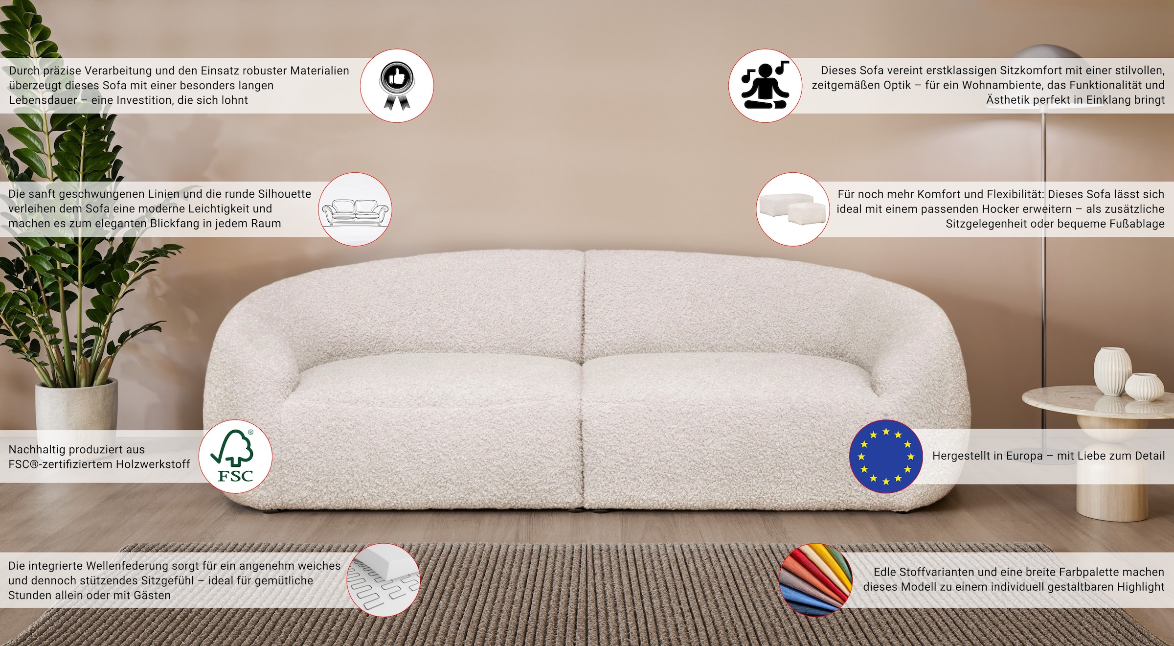 LeGer Home by Lena Gercke Big-Sofa »YANI, Designersofa, organische Form, Maße B/T/H: 240/64/81 cm«, mit Wellenunterfederung, auch in Bouclé, passend zur Serie