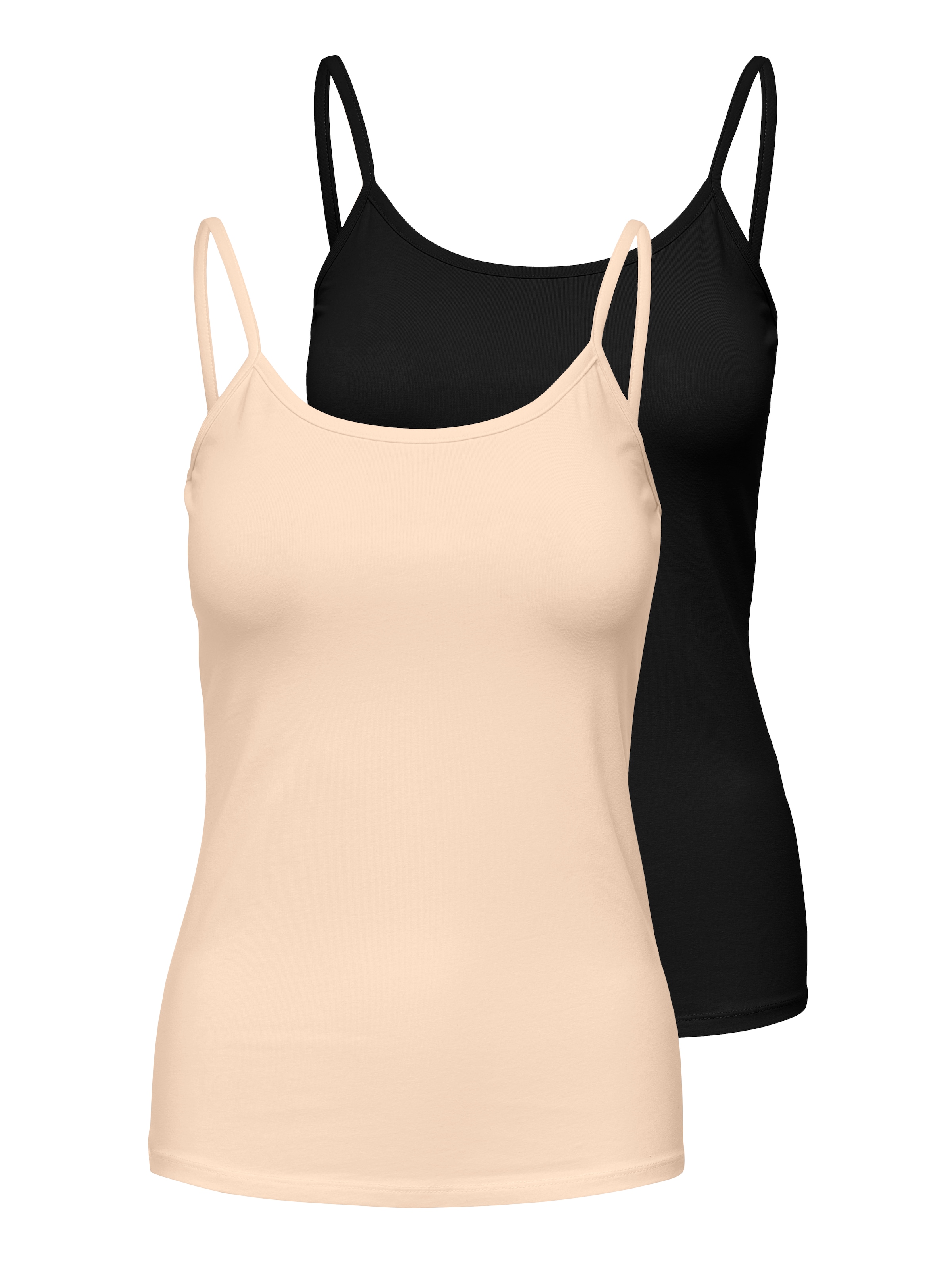 Spaghettitop ONLY "ONLLOVE – Spaghettitops im Doppelpack mit elastischem Tragekomfort", Damen, Gr. S, schwarz pack:schwarz, peach taffy, Jersey, Obermaterial: 95% Baumwolle, 5% Elasthan, unifarben, regular fit normal, Rundhals, Tops, Baumwollmischung, reg