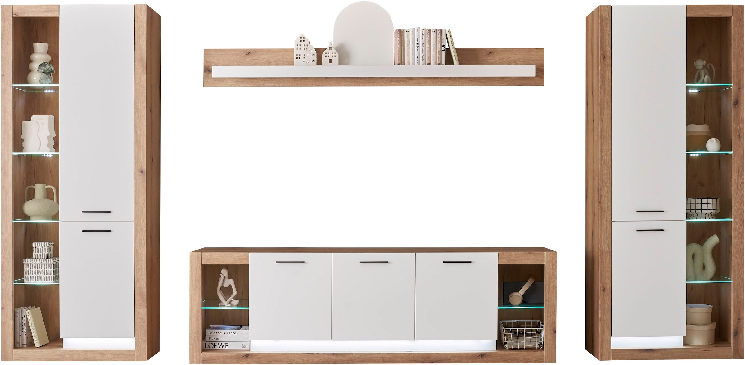 INOSIGN Wohnwand »Brixen, moderne Anbauwand, Wohnzimmer-Set, Eiche Evoke Dekor mit Weiß«, (Set, 4 St.), enthält Stauraumelemente, Lowboard und Wandboard