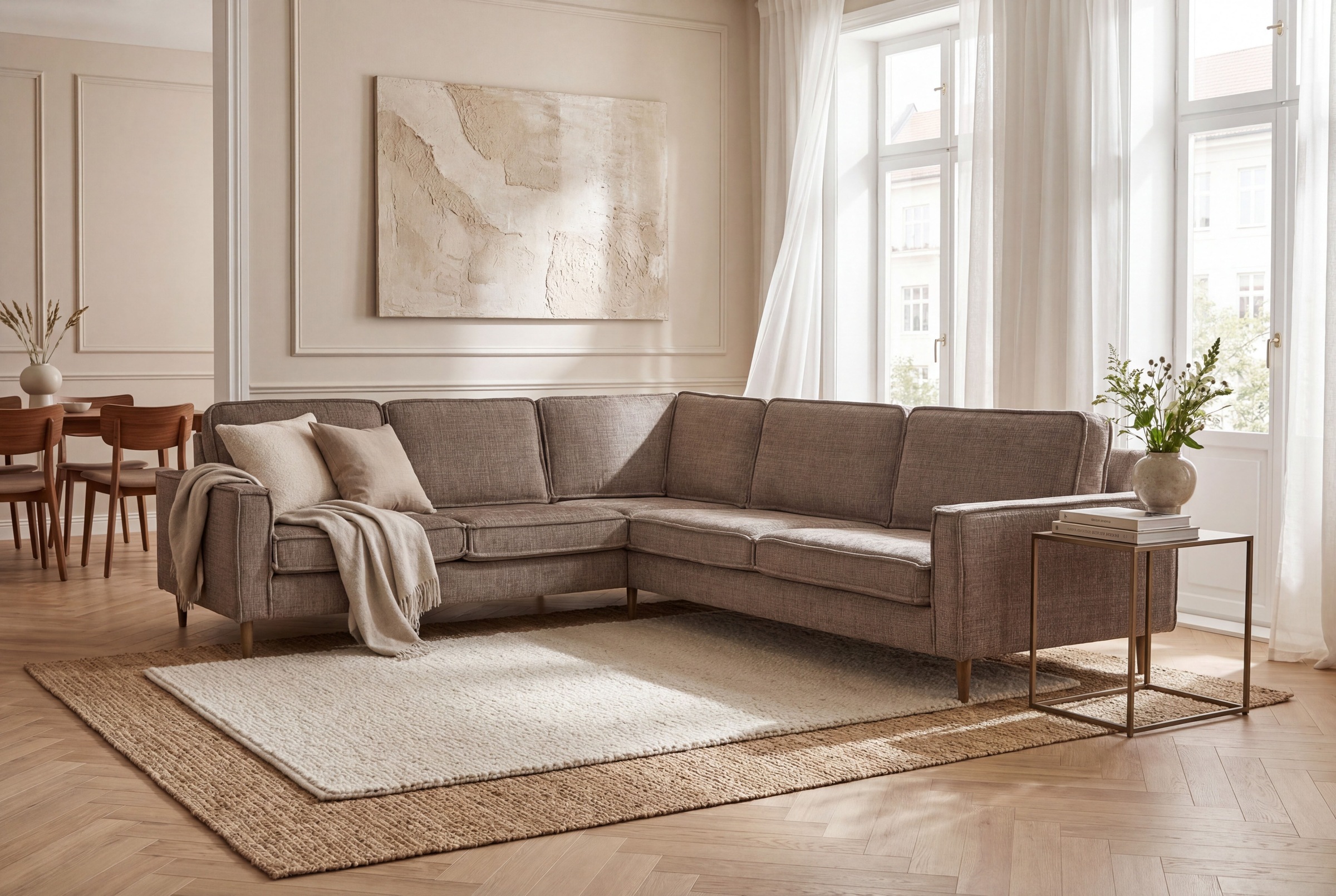 Ecksofa HOME AFFAIRE "Pinto Skandi, 290 cm, Chenille, Struktur, Ottomane links / rechts", braun, B:290cm H:89cm T:250cm, 100% Polyester, Sofas, Ecksofa, mit Keder, Massivholzfüße Eiche geräuchert, Wellenunterfederung 4