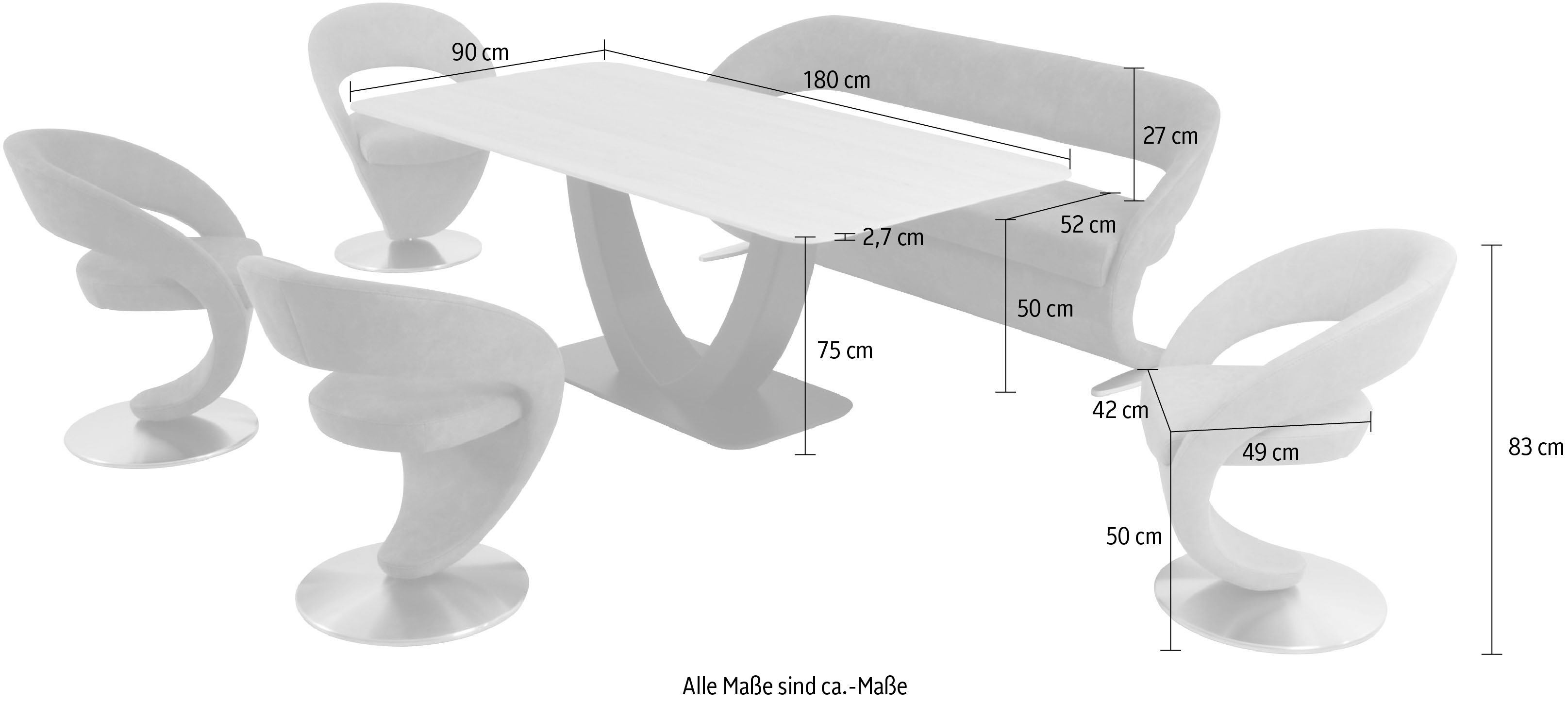 K+W Komfort & Wohnen Essgruppe Wave, (Set), Design-Solobank mit 4 Design-Drehstühlen und Tisch in 180x90cm, Tischplatte Wildeiche bianco, Füße Bank / Stühle Edelstahloptik gebürstet