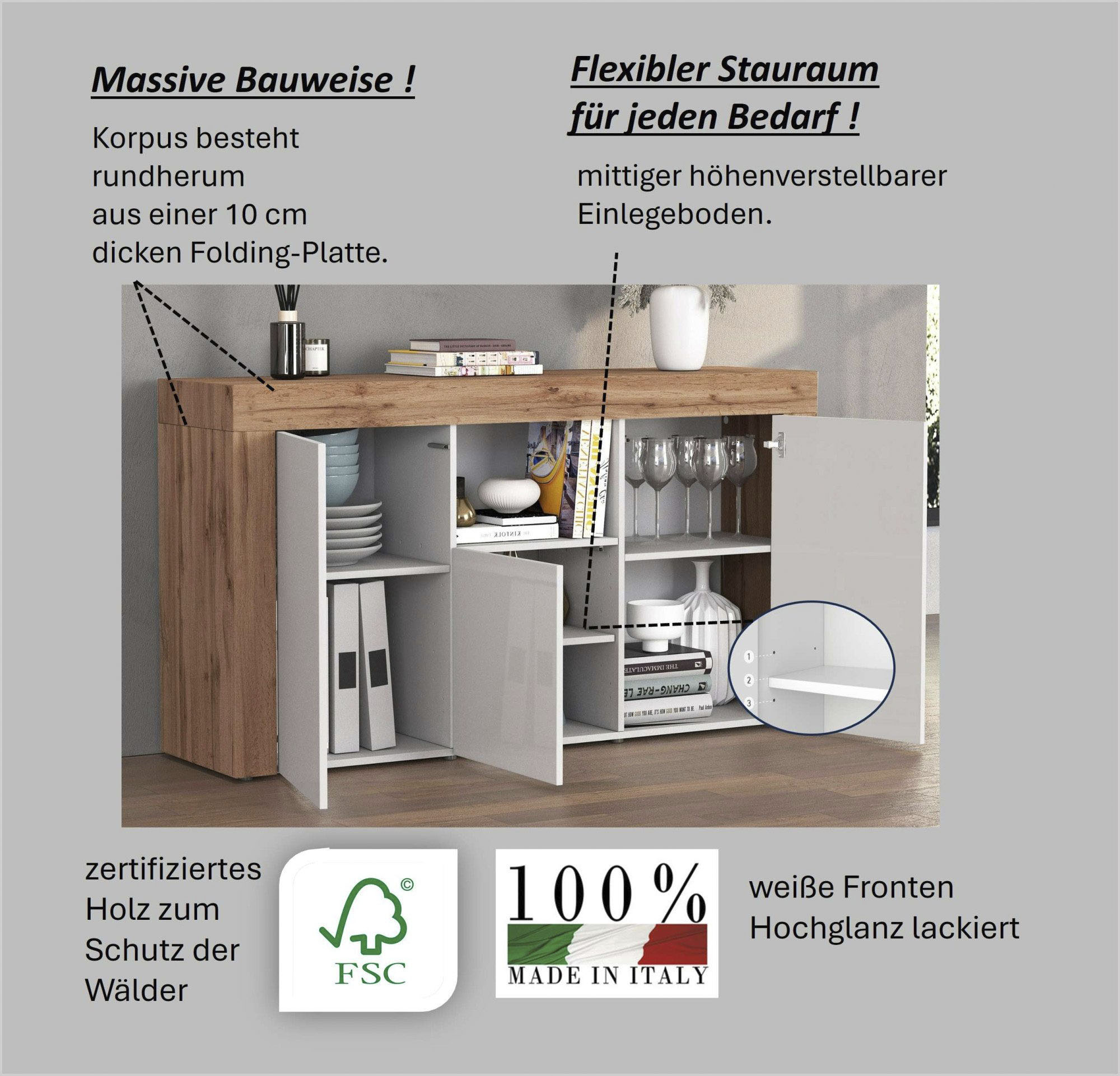 Thumbnail - INOSIGN Sideboard "CHRONOS Breite 155 cm mit 3 Türen, 1 offenes und 6 geschlossene Fächer" 1 Stk. tlg. Sideboard,Kommode...