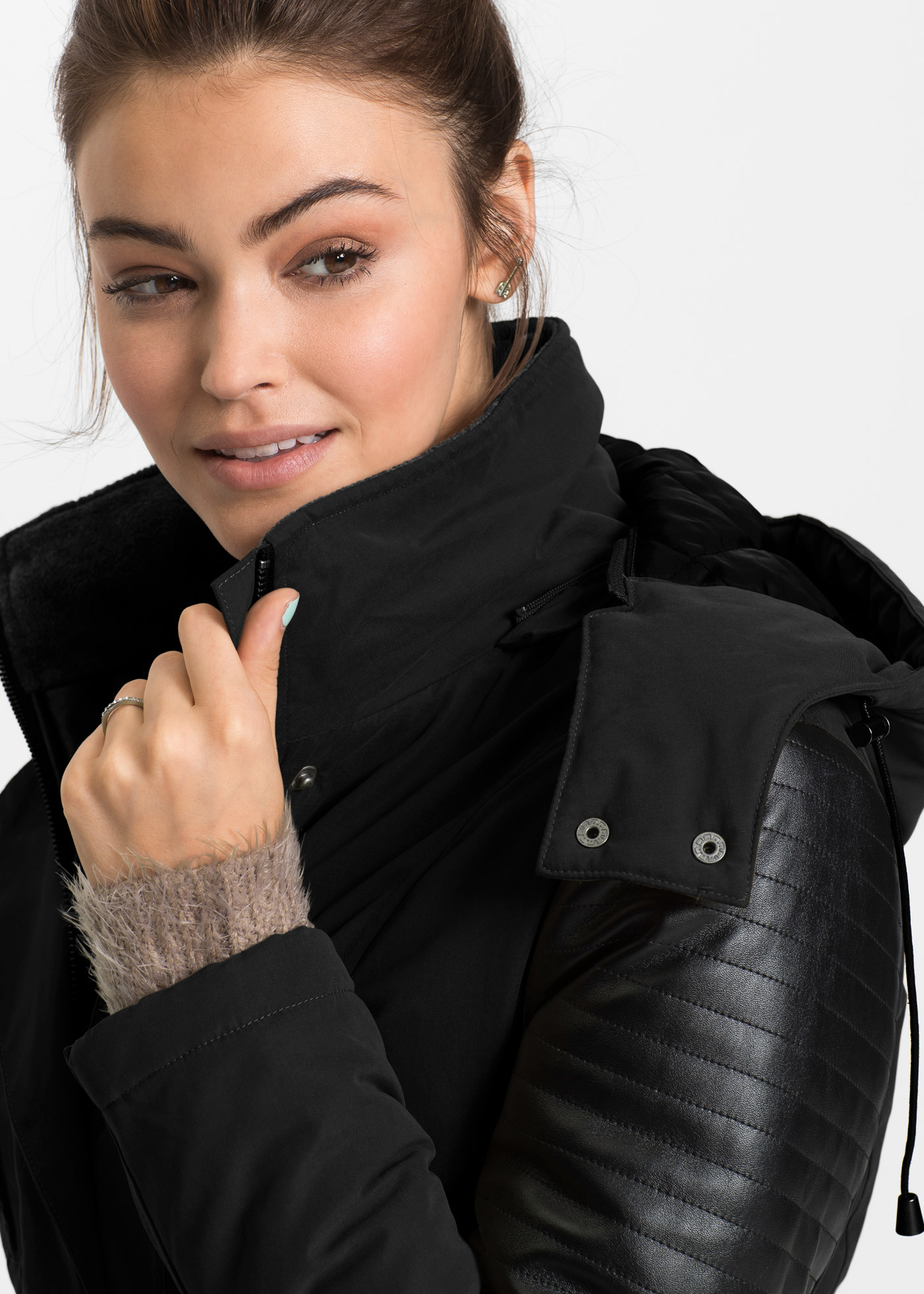 Thumbnail - bonprix Langjacke mit Kapuze Long-Parka mit Lederimitateinsatz