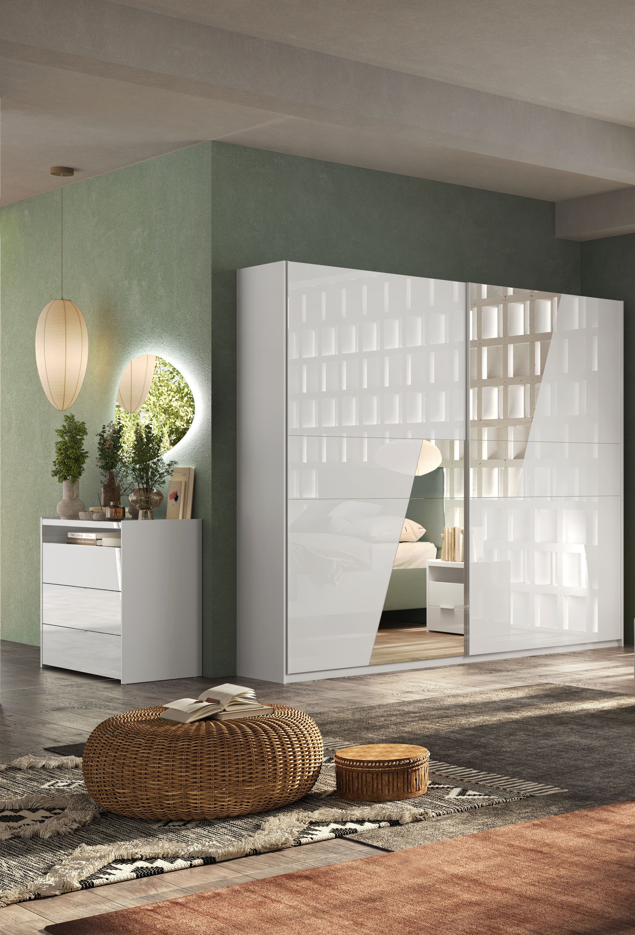 INOSIGN Schwebetürenschrank »Malmo, Kleiderschrank mit 2 Schiebetüren, Breite 276 cm, Höhe 240 cm,«, Weiß Hochglanz Lack, Front mit Spiegelfläche, Griffleisten aus Metall