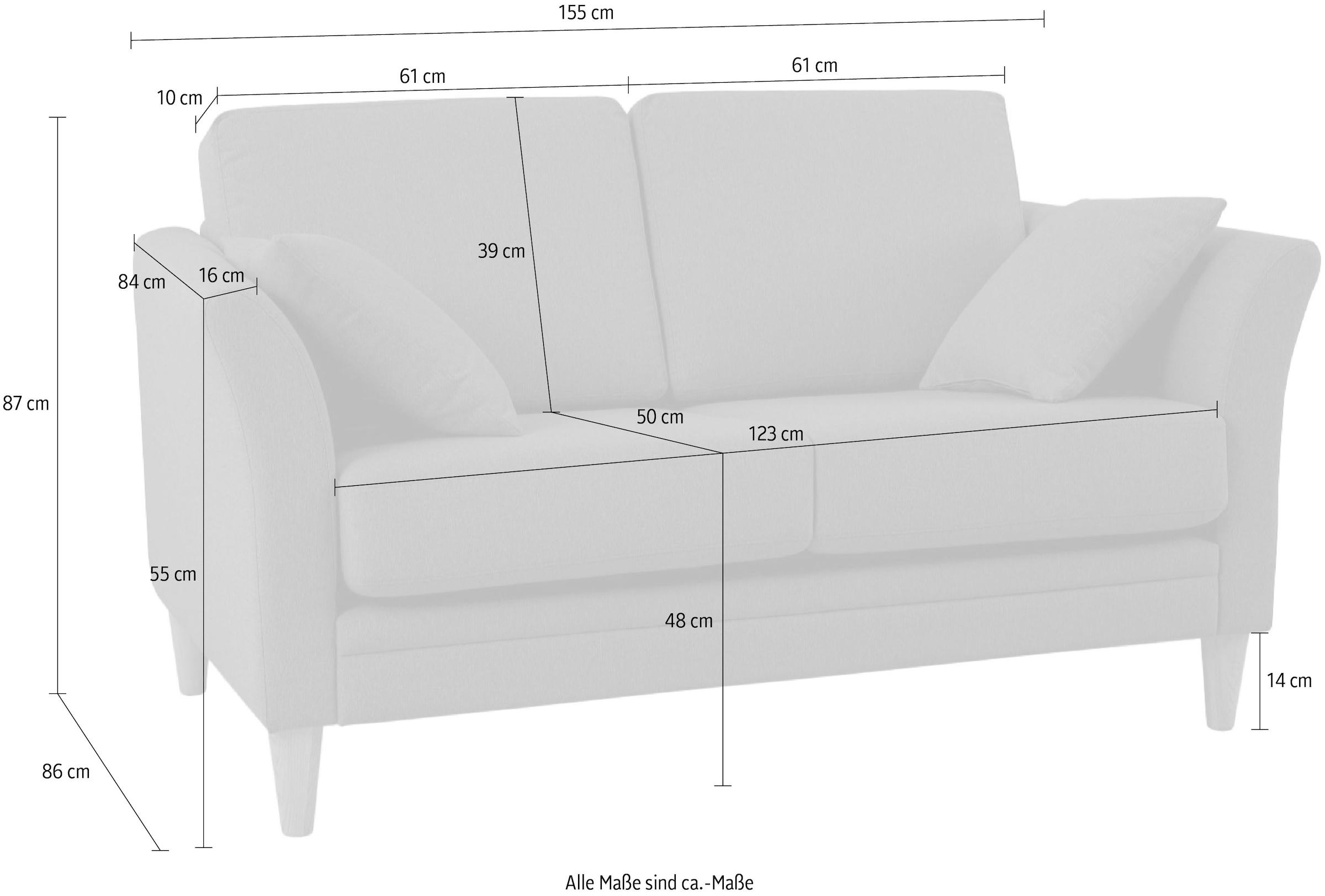 Home affaire 2-Sitzer »Arellano, Breite 155 cm«, klassisches Design, 2 Zierkissen inklusive, Webstoff fein