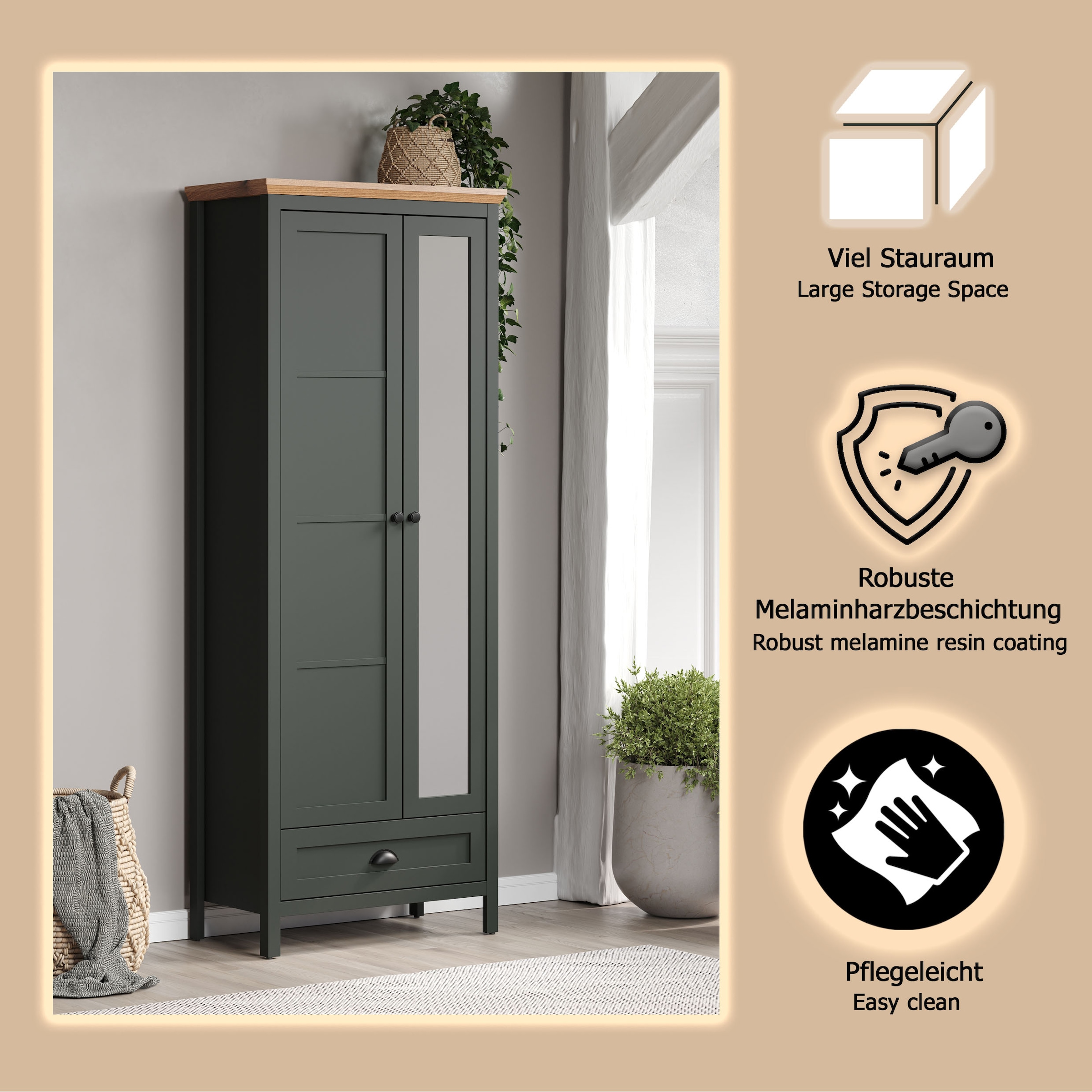 Home affaire Garderobenschrank »Vienna«, (1 St.), Garderobenschrank, 2 Türen, 1 Schubkasten & Vollauszug 77/39/198 cm