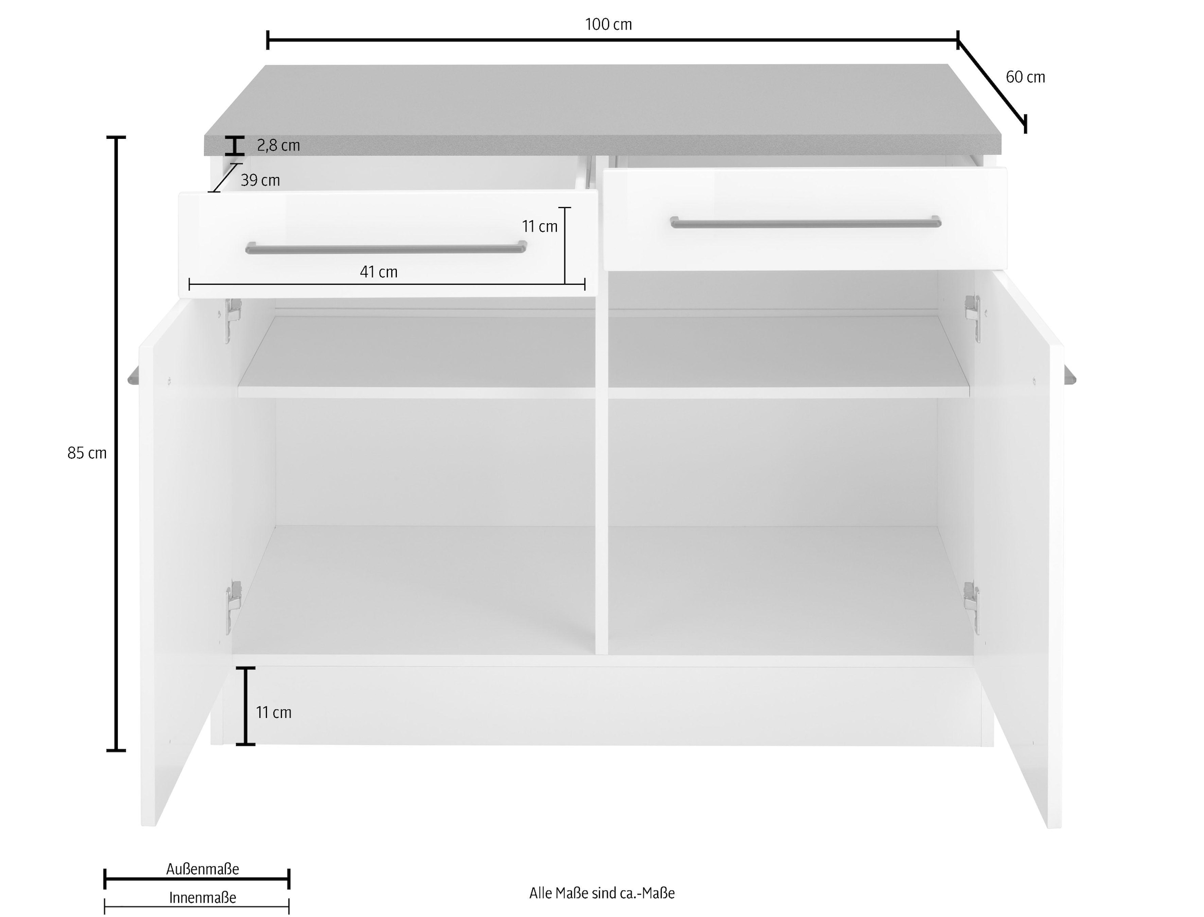 KOCHSTATION Unterschrank »KS-Tulsa«, 100 cm breit, 2 Schubkästen, 2 Türen, schwarzer Metallgriff, MDF Front